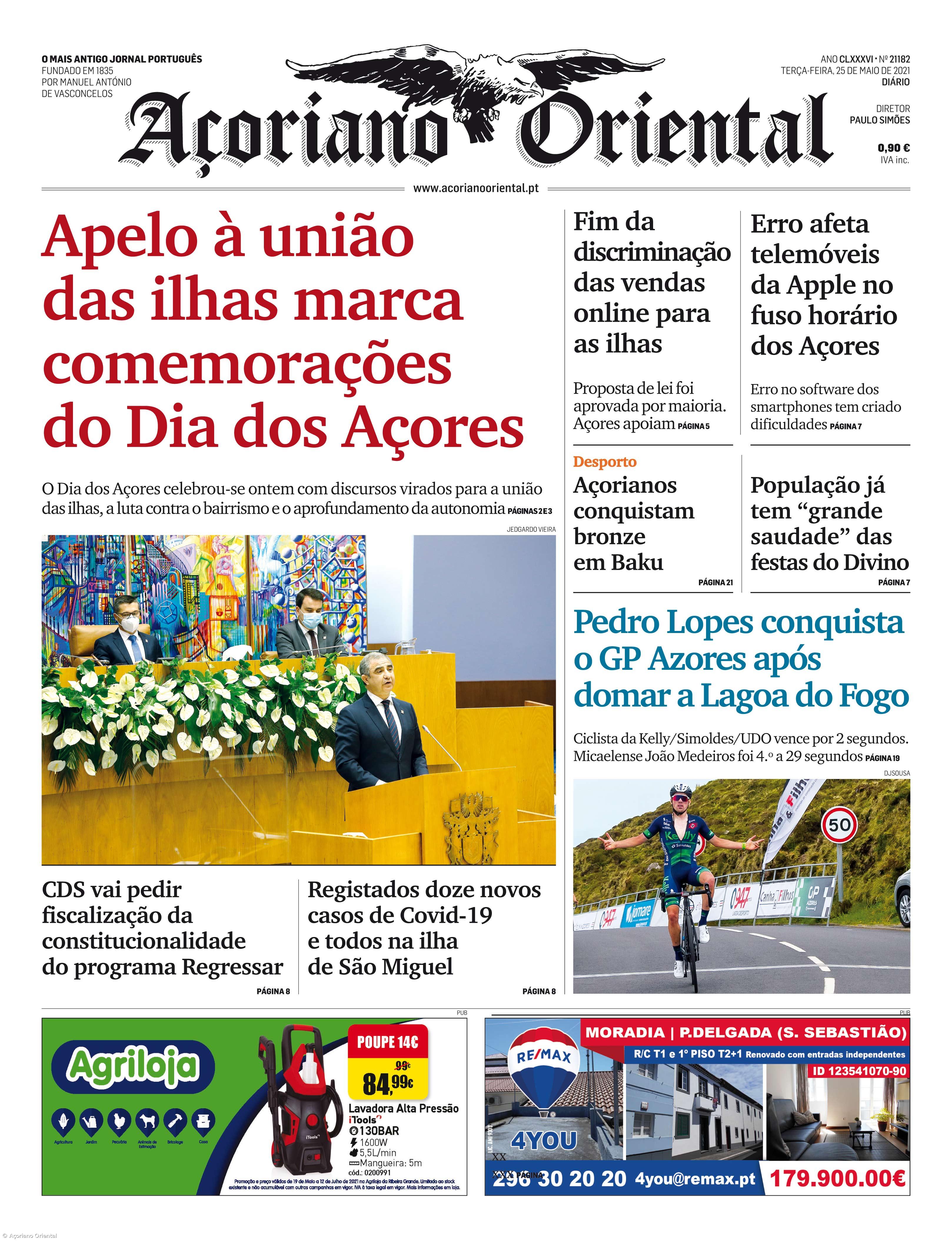 "Apelo à união das ilhas marca comemorações do Dia dos Açores" é a manchete do Açoriano Oriental – Imagem 1
