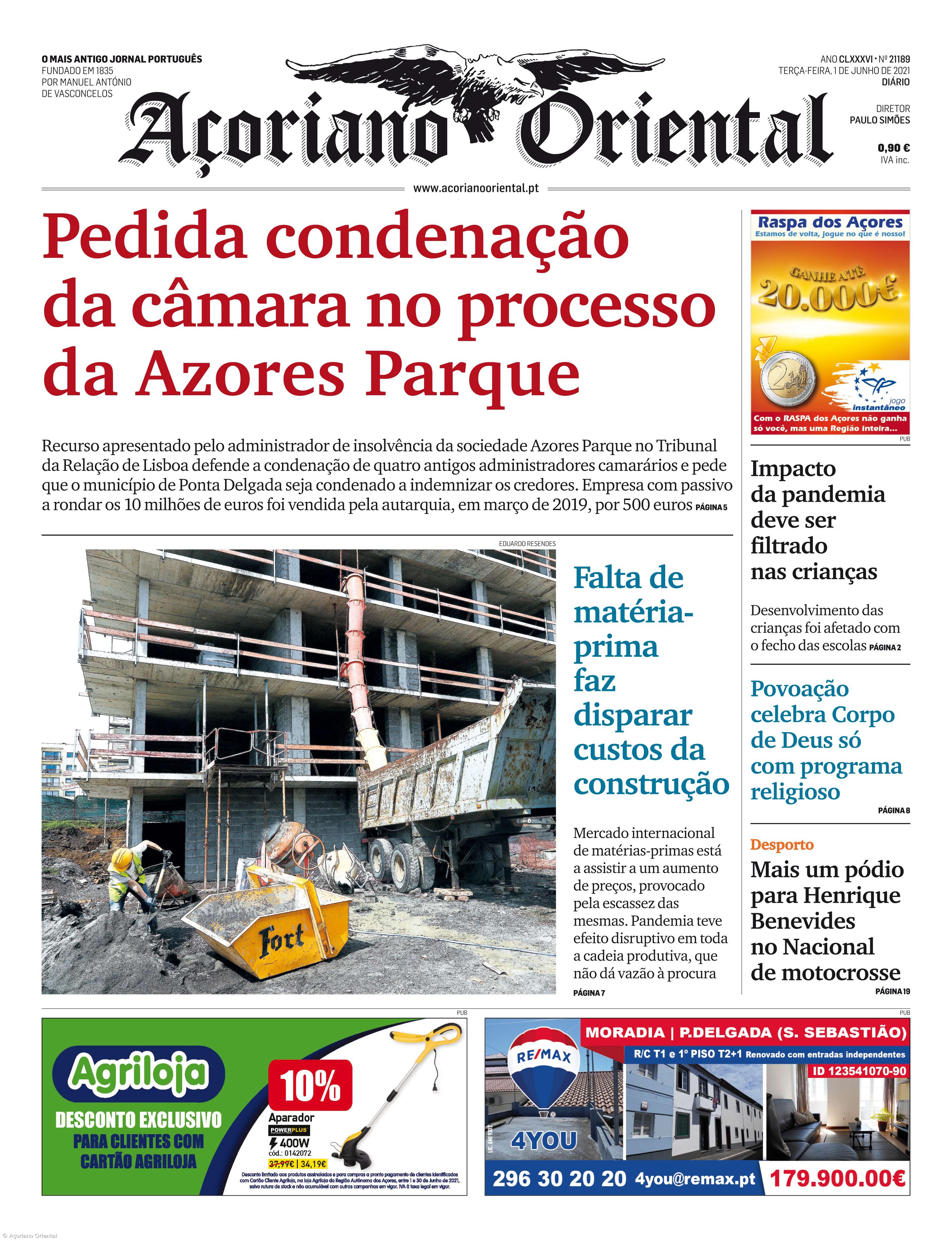 "Pedida condenação da câmara no processo da Azores Parque" é a manchete do Açoriano Oriental – Imagem 1