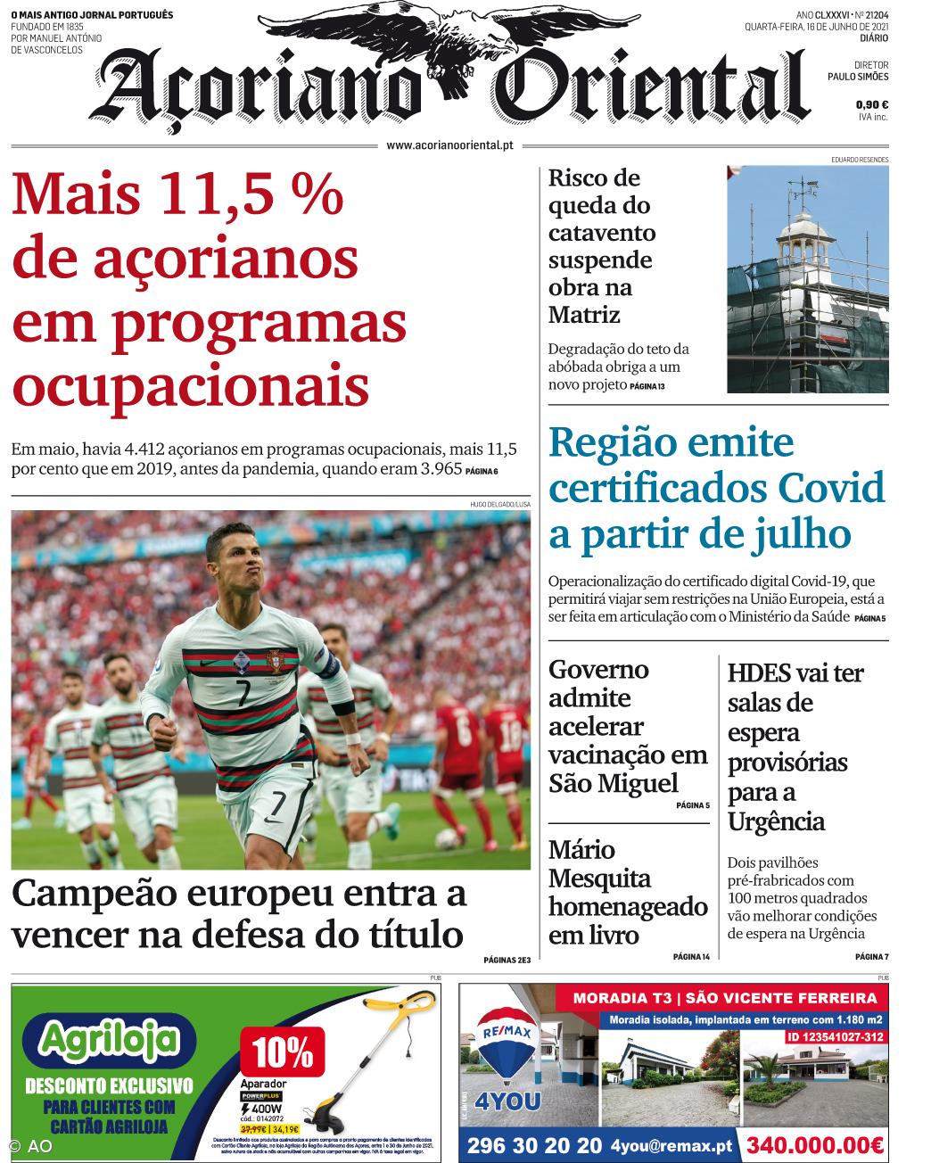 "Mais 11,5% de açorianos em programas ocupacionais" é a manchete do Açoriano Oriental – Imagem 1