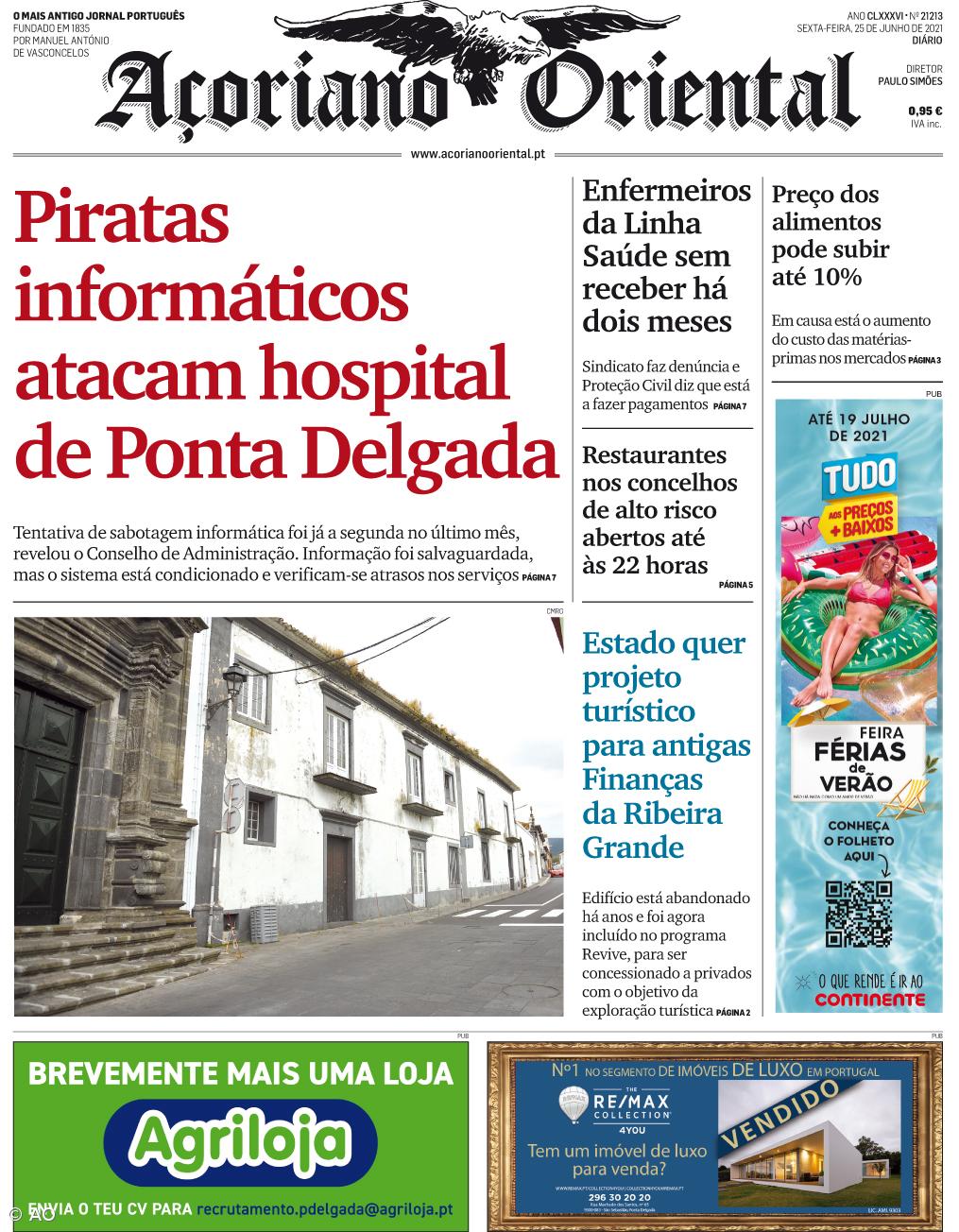 "Piratas informáticos atacam hospital de Ponta Delgada" é a manchete do Açoriano Oriental – Imagem 1