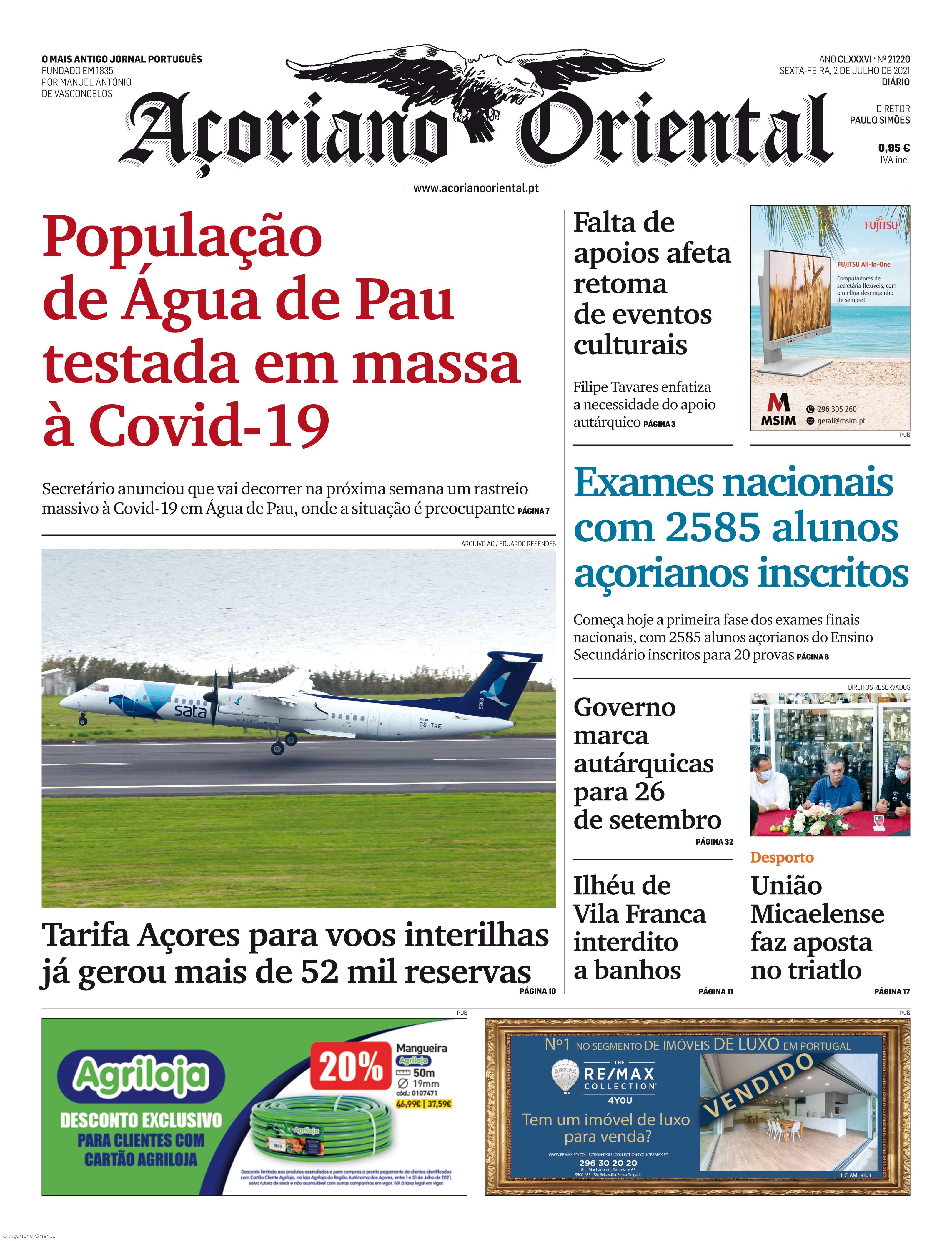 "População de Água de Pau testada em massa à Covid-19" é a manchete do Açoriano Oriental – Imagem 1