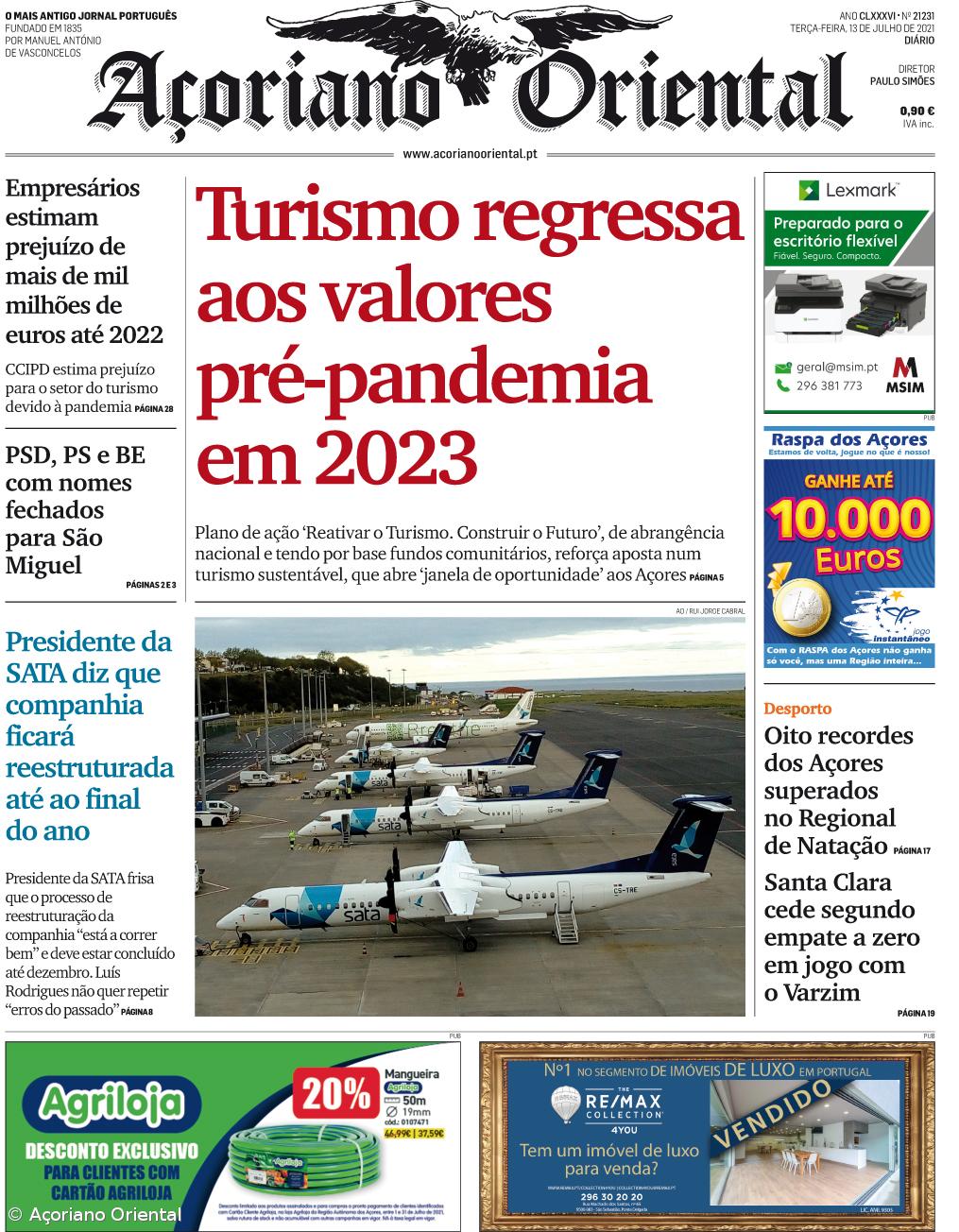 "Turismo regressa aos valores pré-pandemia em 2023" é a manchete do Açoriano Oriental – Imagem 1