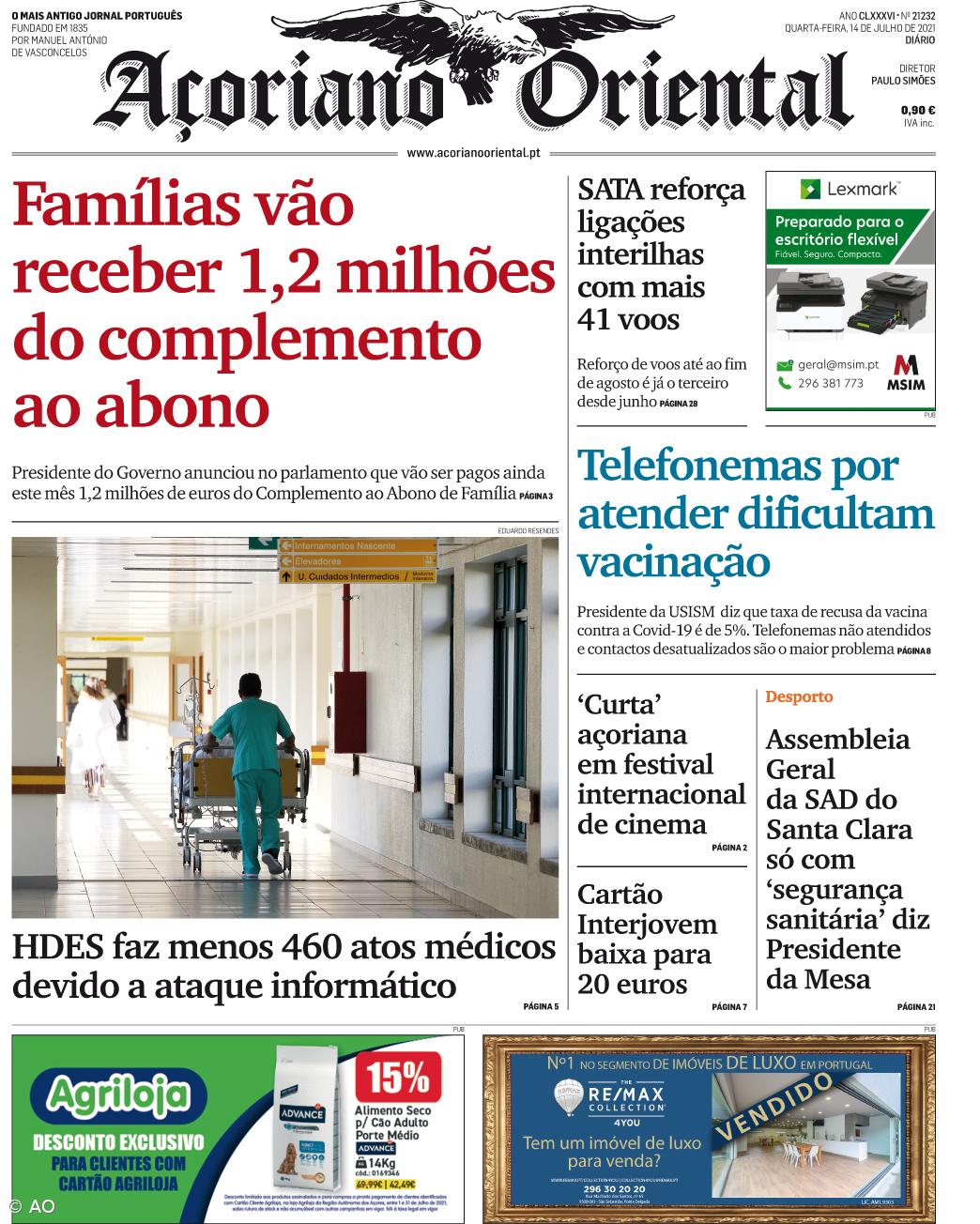"Famílias vão receber 1,2 milhões do complemento ao abono" é a manchete do Açoriano Oriental – Imagem 1