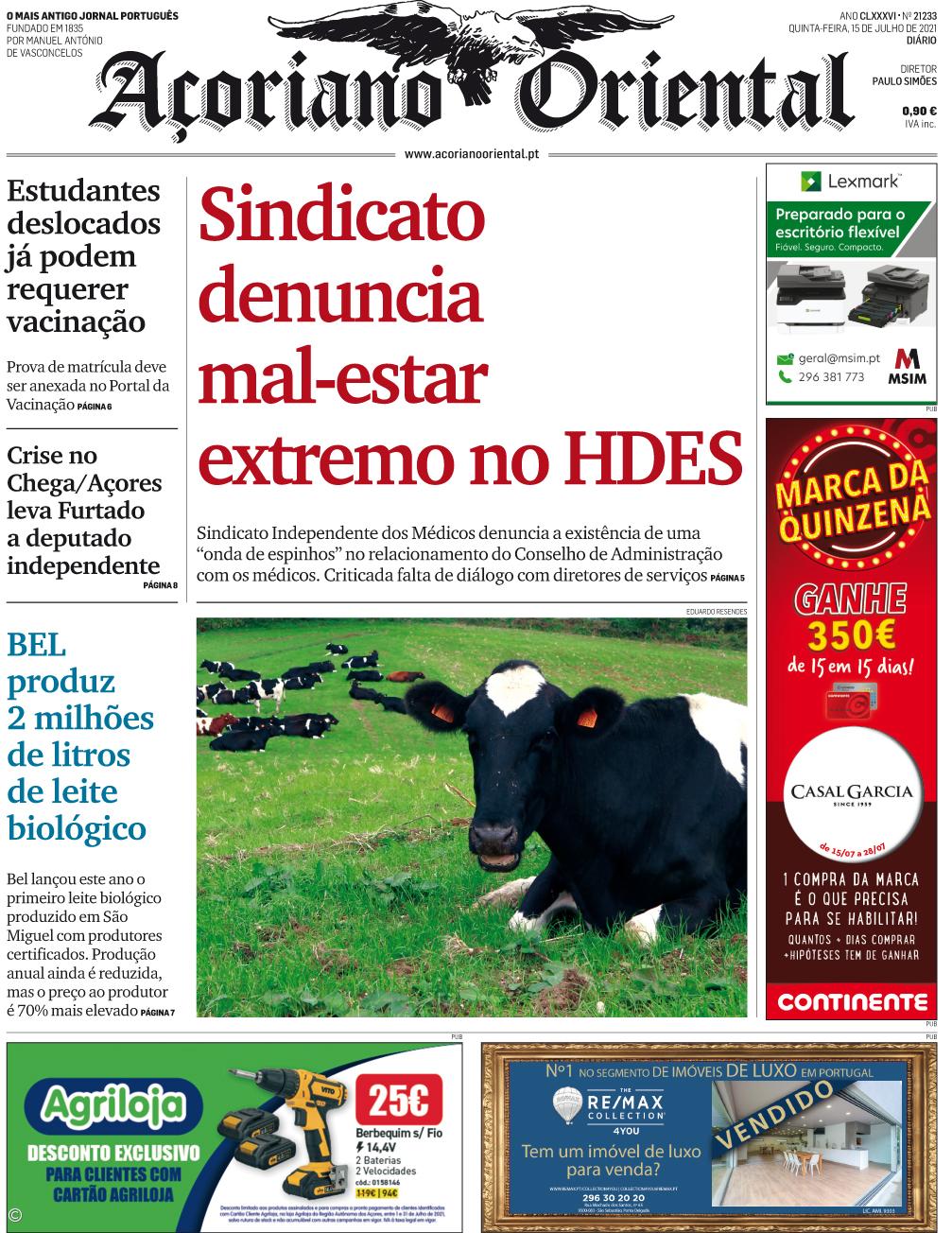"Sindicato denuncia  mal-estar extremo no HDES" é a manchete do Açoriano Oriental – Imagem 1