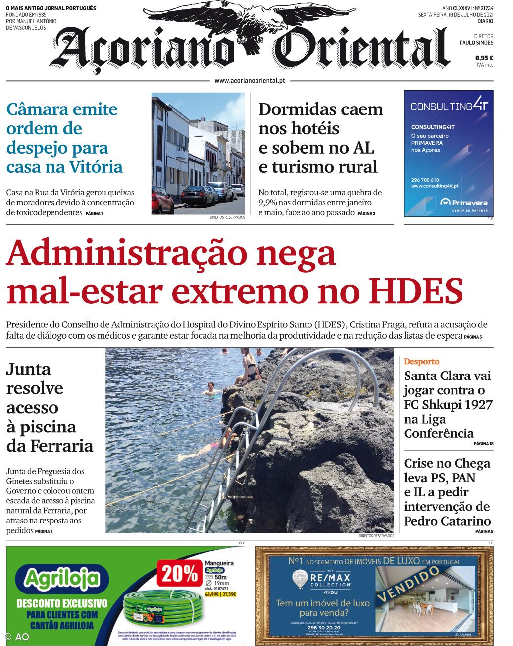 "Administração nega mal-estar extremo no HDES" é a manchete do Açoriano Oriental – Imagem 1