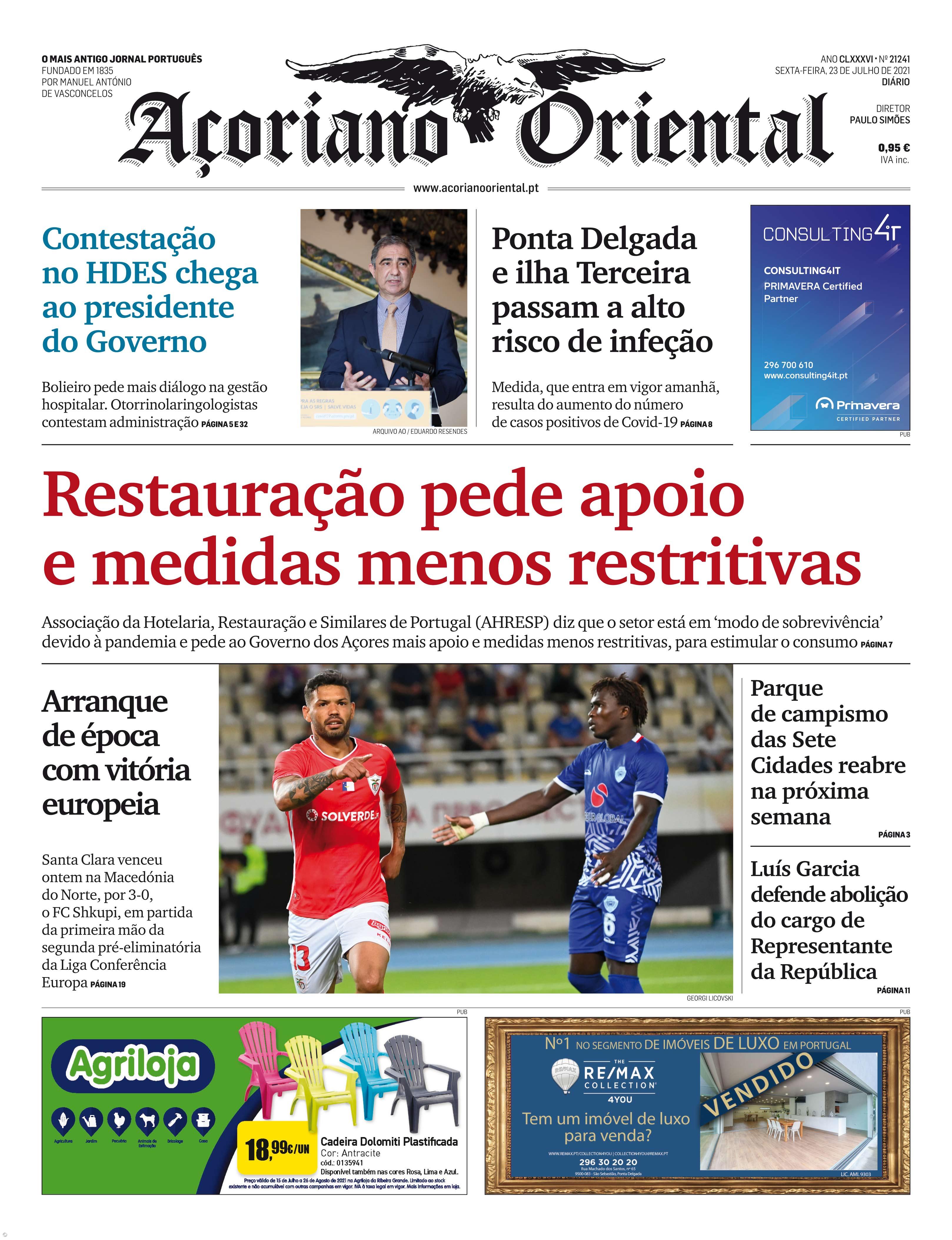 "Restauração pede apoio e medidas menos restritivas" é a manchete do Açoriano Oriental – Imagem 1