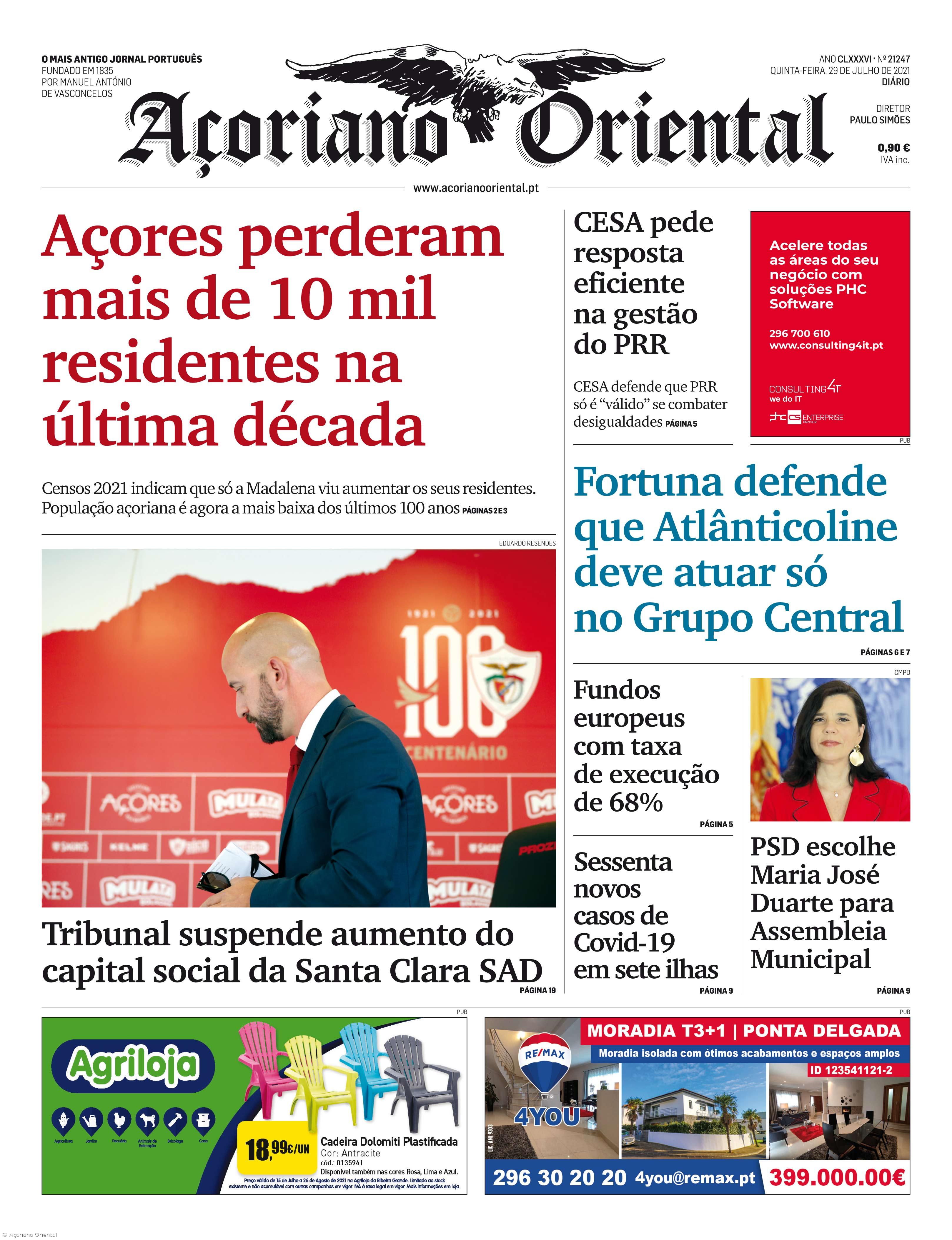 "Açores perderam mais de 10 mil residentes na última década" é a manchete do Açoriano Oriental  – Imagem 1