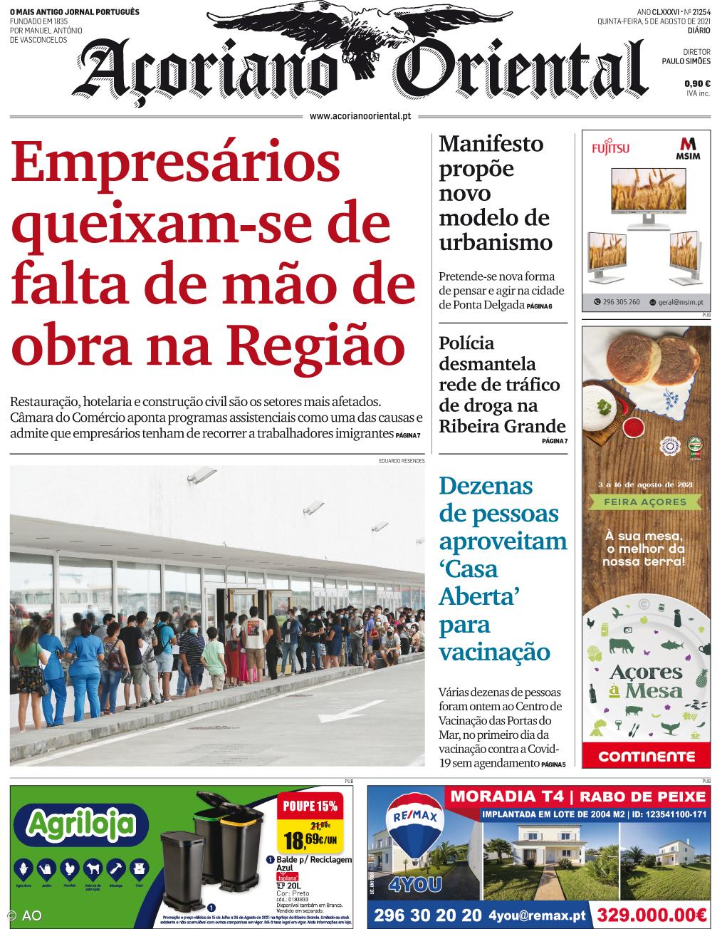 "Empresários queixam-se de falta de mão de obra na Região" é a manchete do Açoriano Oriental – Imagem 1