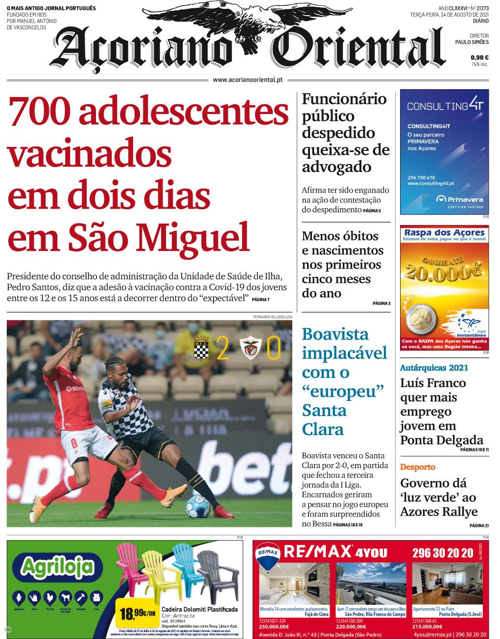 "700 adolescentes vacinados em dois dias em São Miguel" é a manchete do Açoriano Oriental – Imagem 1