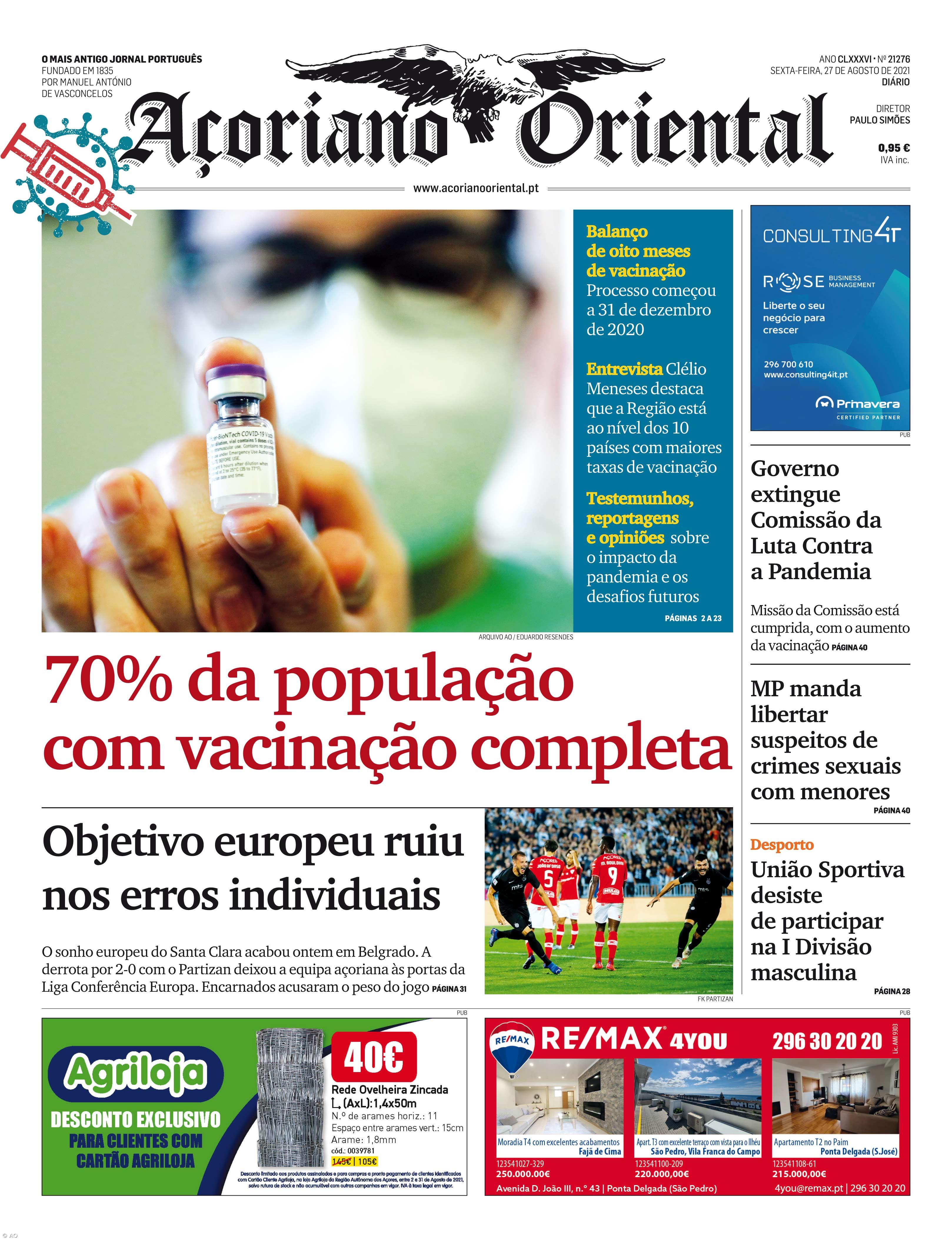 "70% da população com vacinação completa" é a manchete do Açoriano Oriental – Imagem 1