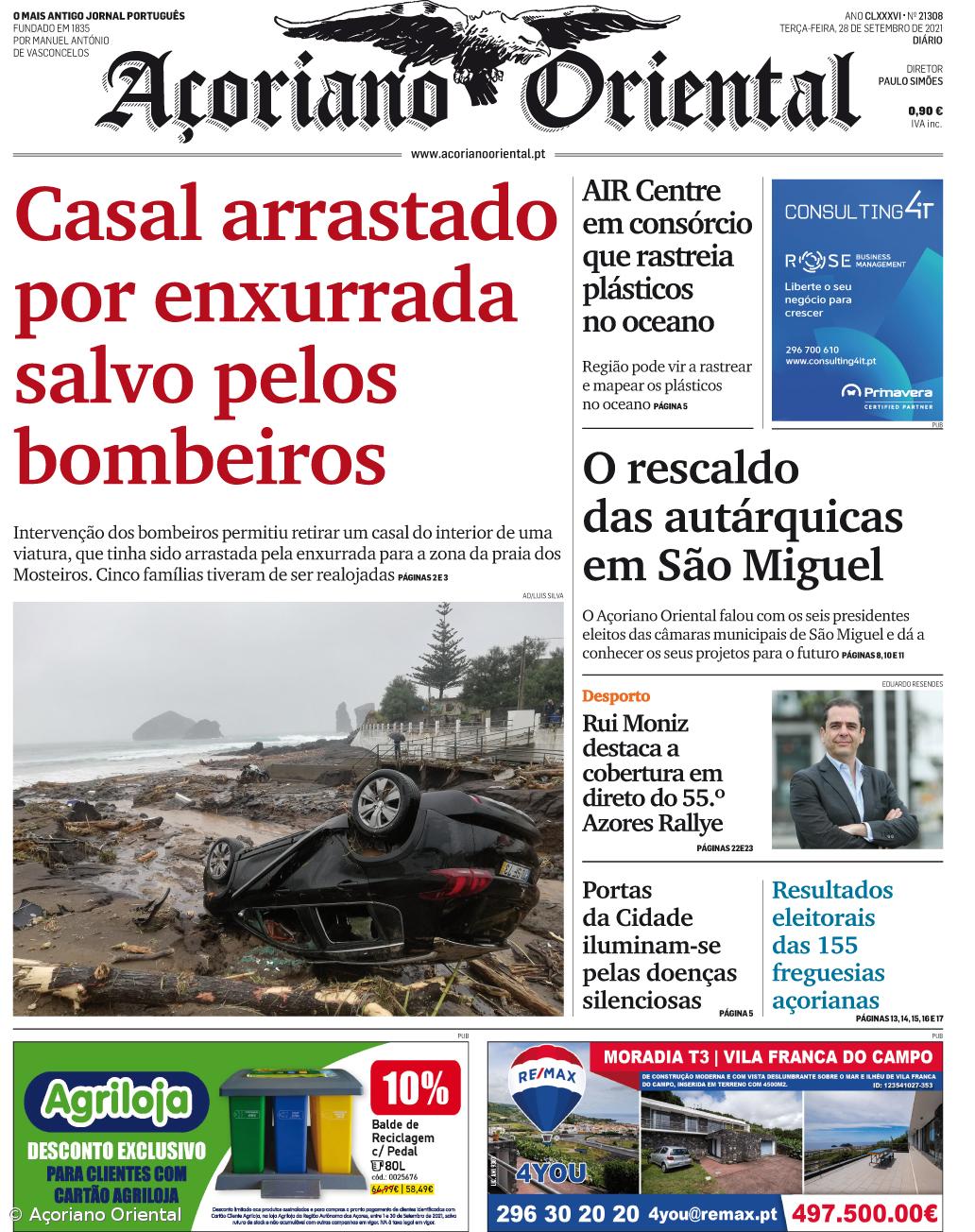 "Casal arrastado por enxurrada salvo pelos bombeiros" é a manchete do Açoriano Oriental – Imagem 1