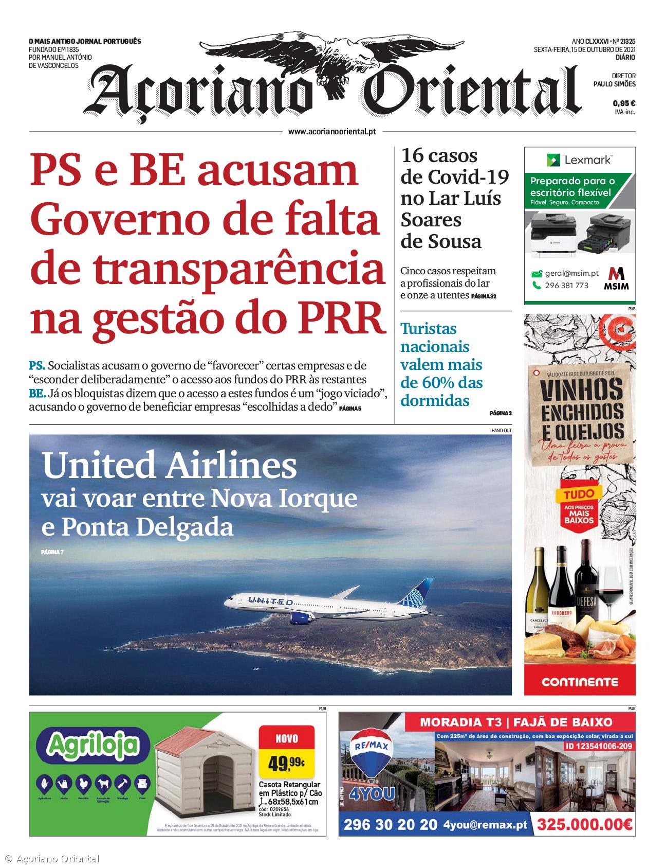 "PS e BE acusam Governo de falta de transparência na gestão do PRR" é a manchete do Açoriano Oriental – Imagem 1