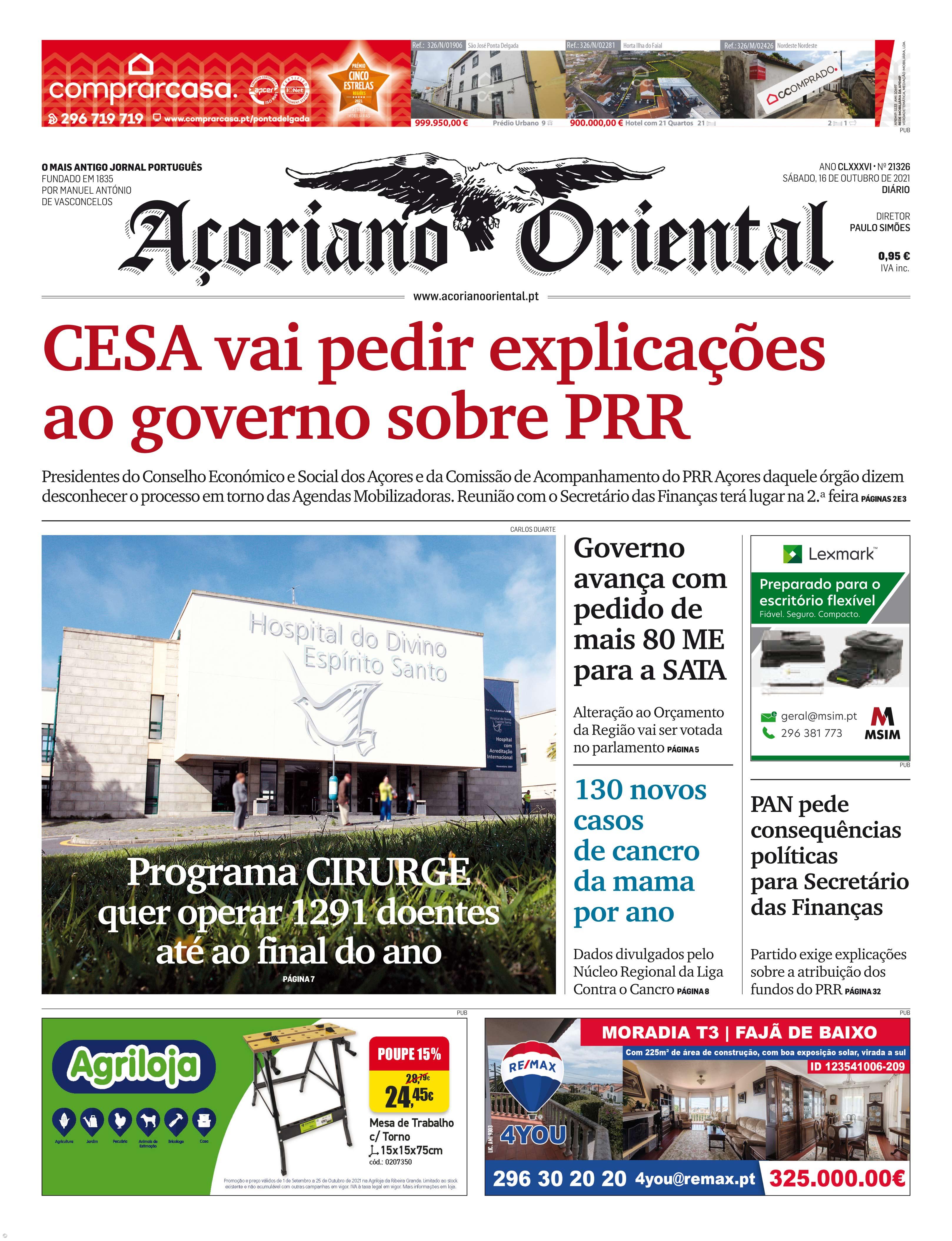 "CESA vai pedir esclarecimentos ao governo sobre PRR" é a manchete do Açoriano Oriental – Imagem 1
