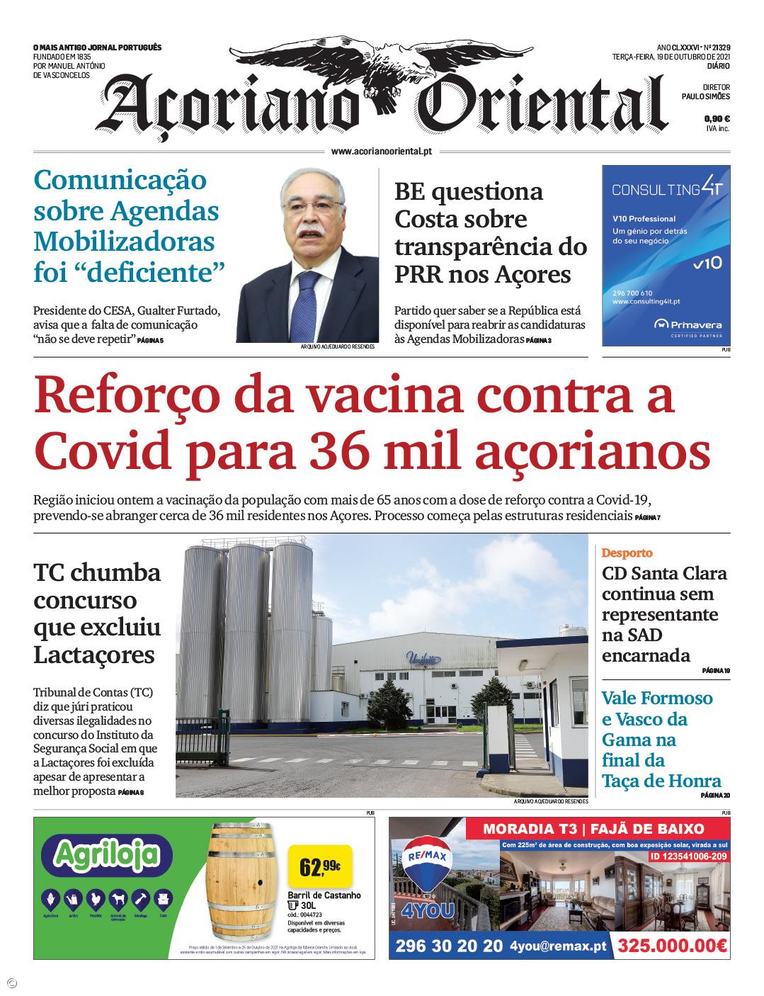 "Reforço da vacina contra a Covid para 36 mil açorianos" é a manchete do Açoriano Oriental – Imagem 1