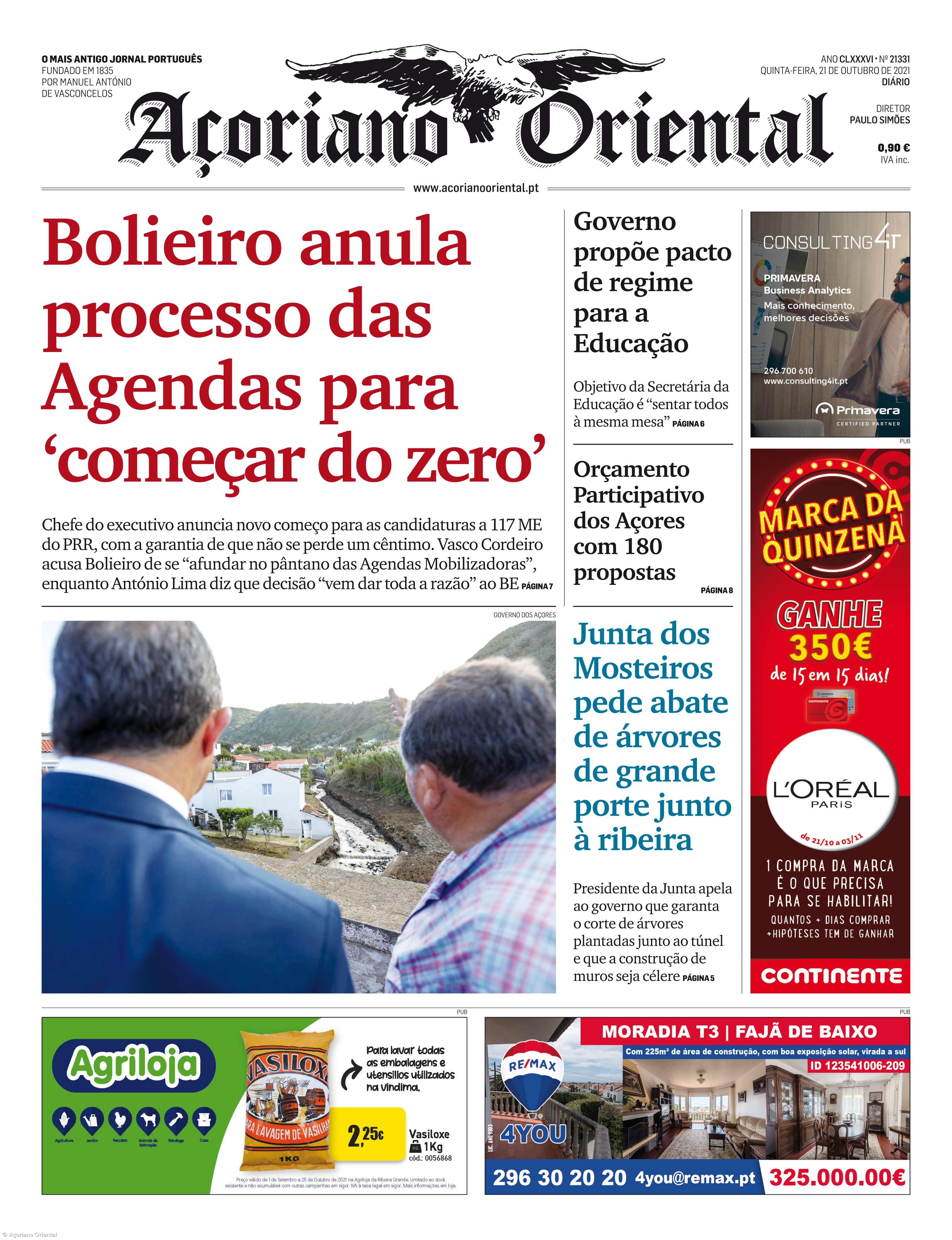 "Bolieiro anula processo das Agendas para 'começar do zero'" é a manchete do Açoriano Oriental – Imagem 1