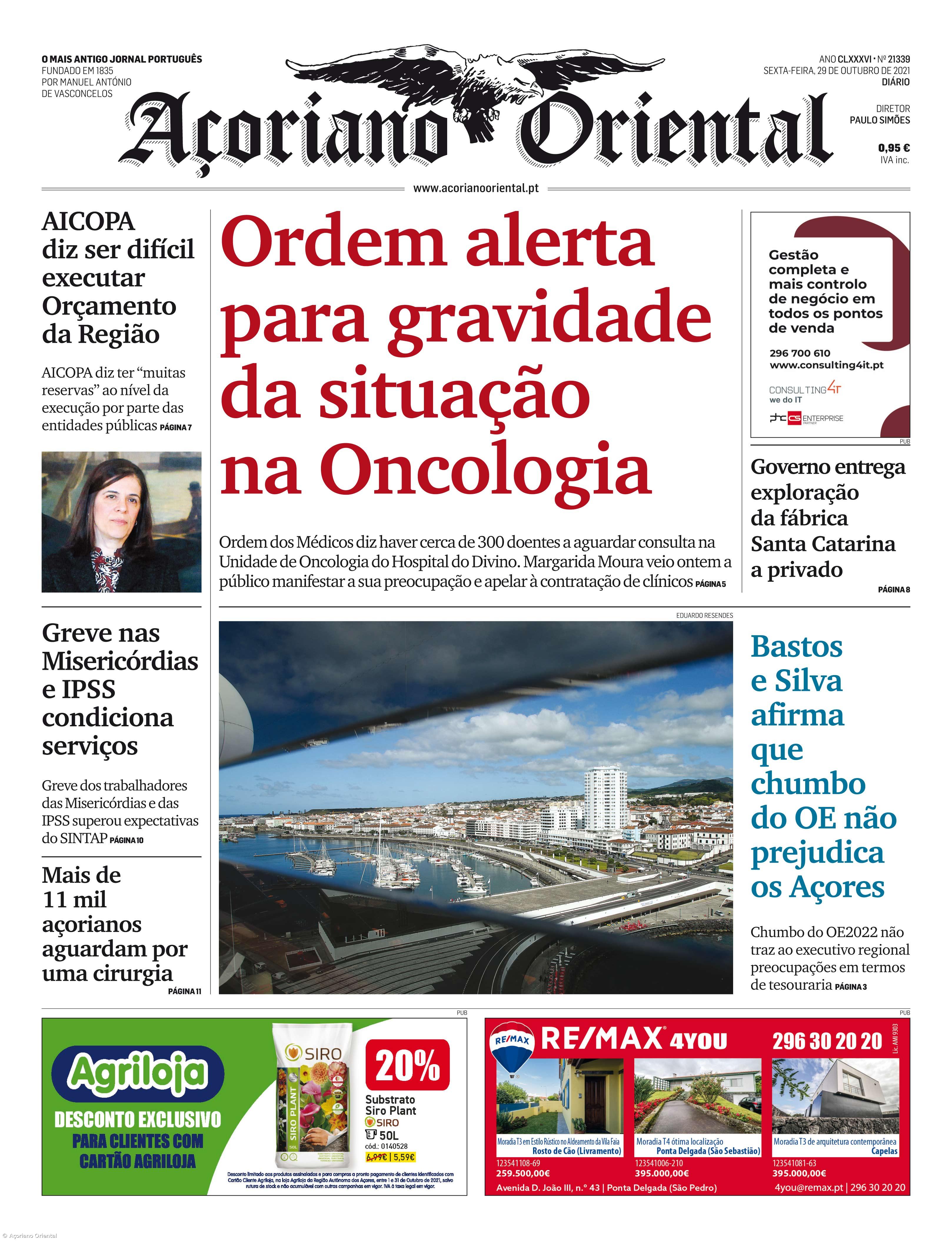 "Ordem alerta para gravidade da situação na Oncologia" é a manchete do Açoriano Oriental – Imagem 1