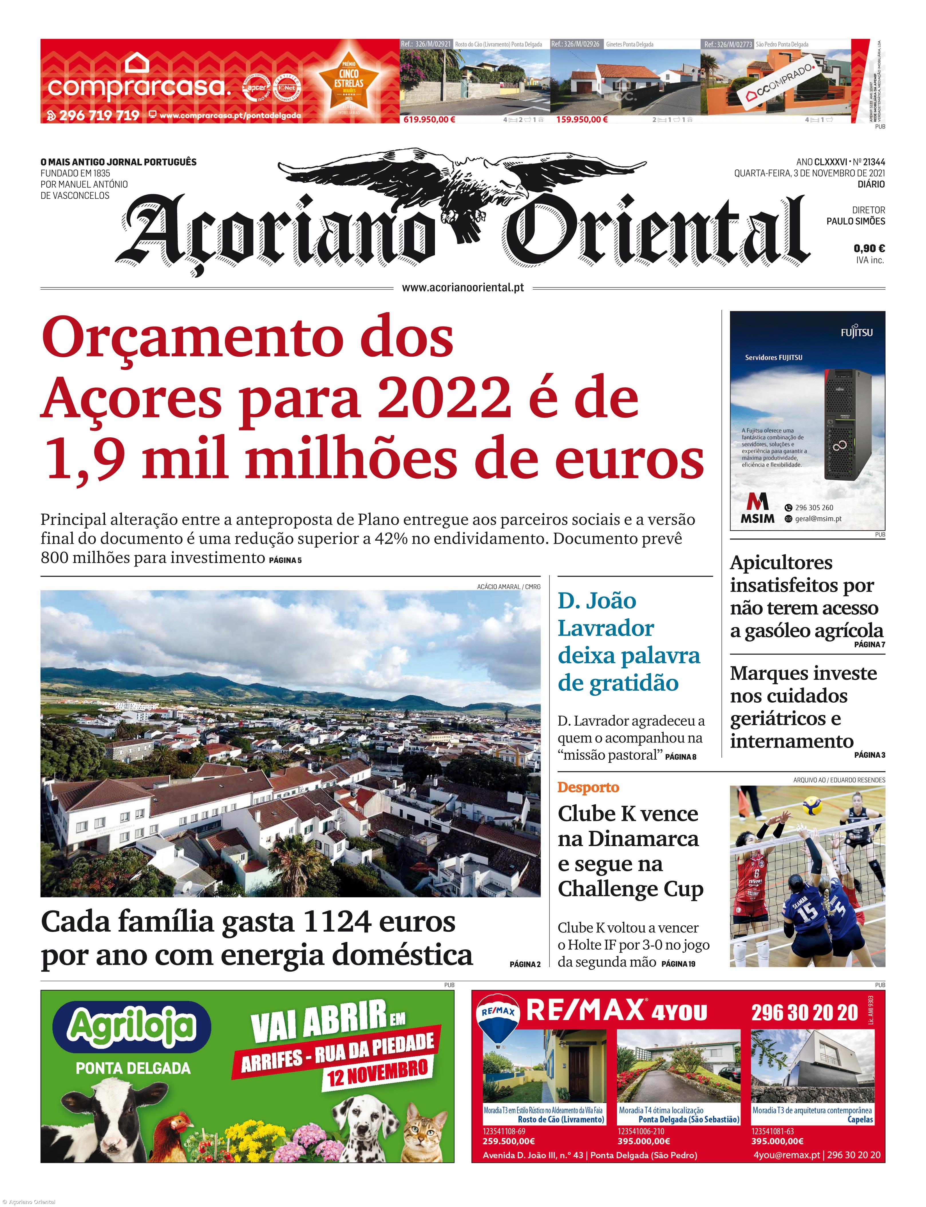 "Orçamento dos Açores para 2022 é de 1,9 mil milhões de euros" é a manchete do Açoriano Oriental  – Imagem 1