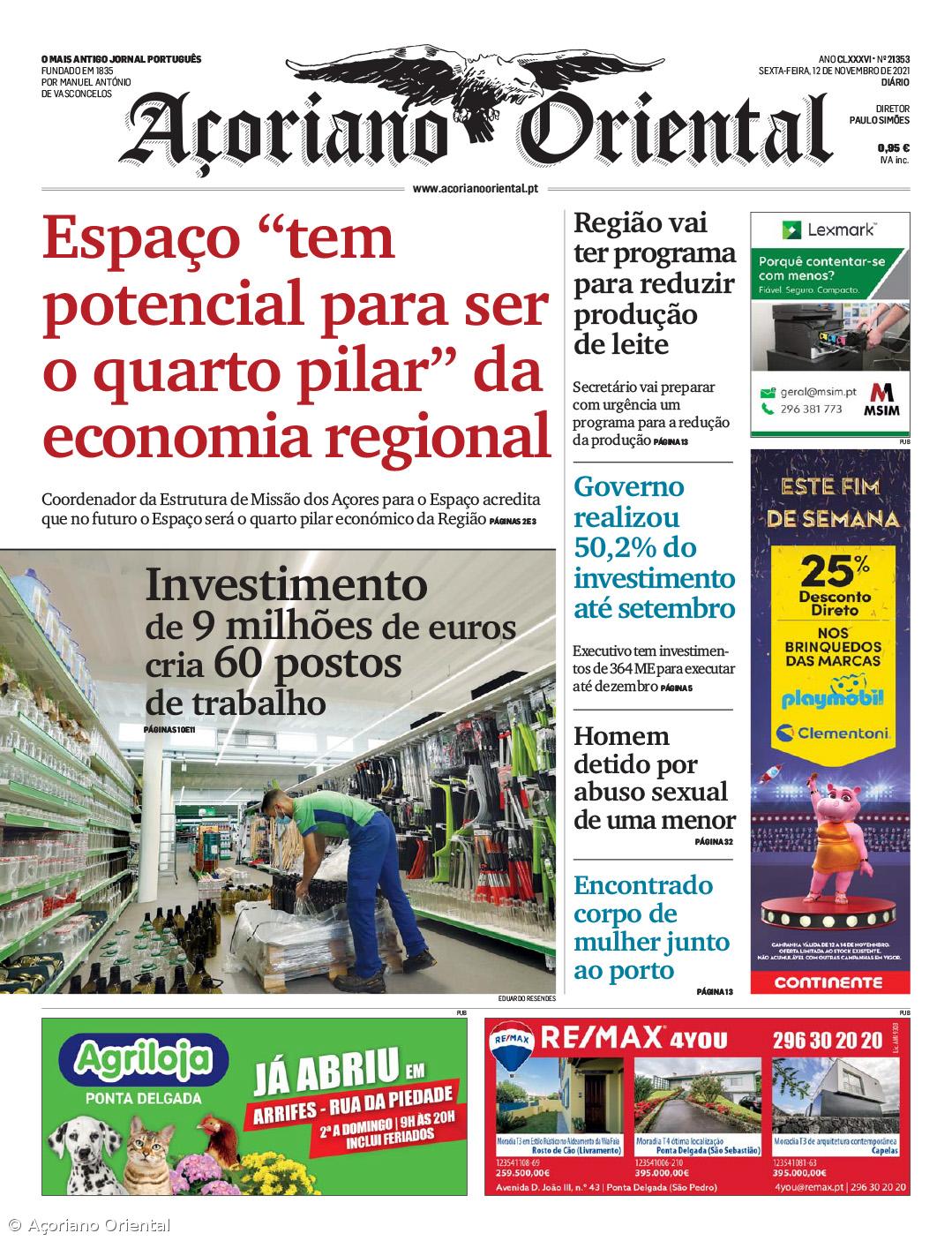 "Espaço 'tem potencial para ser o quarto pilar' da economia regional" é a manchete do Açoriano Oriental – Imagem 1