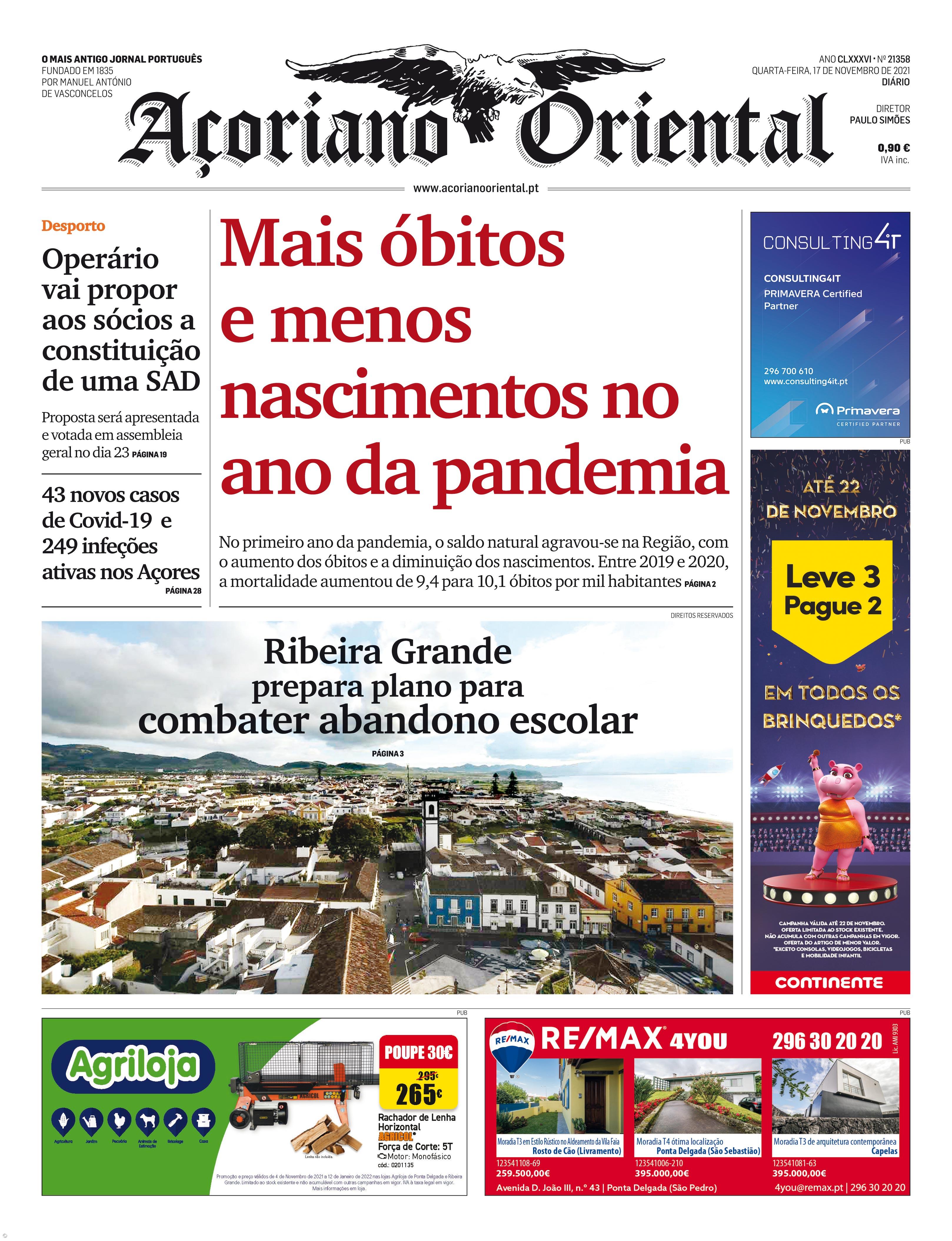 "Mais óbitos e menos nascimentos no ano da pandemia" é a manchete do Açoriano Oriental – Imagem 1