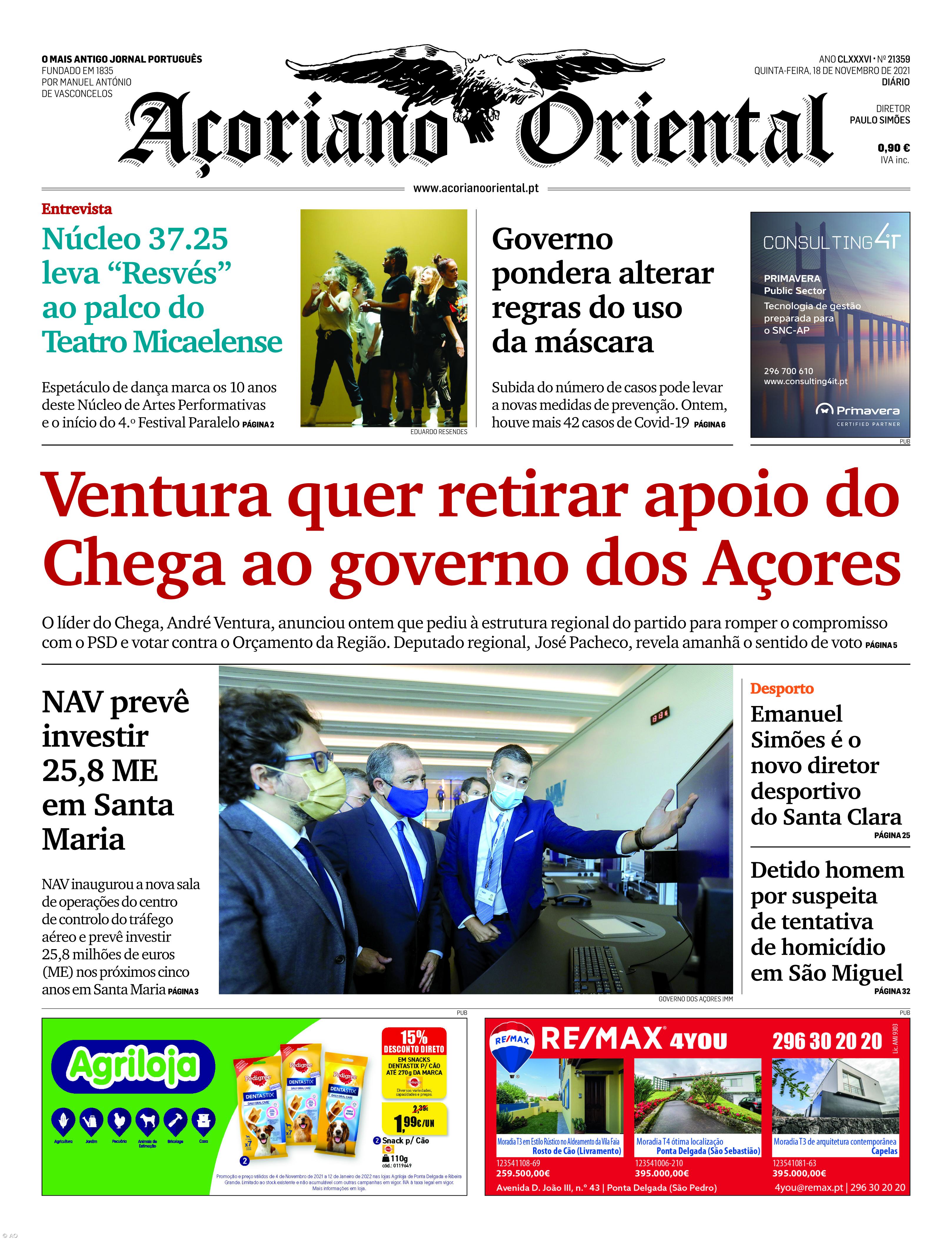 "Ventura quer retirar apoio do Chega ao governo dos Açores" é a manchete do Açoriano Oriental – Imagem 1