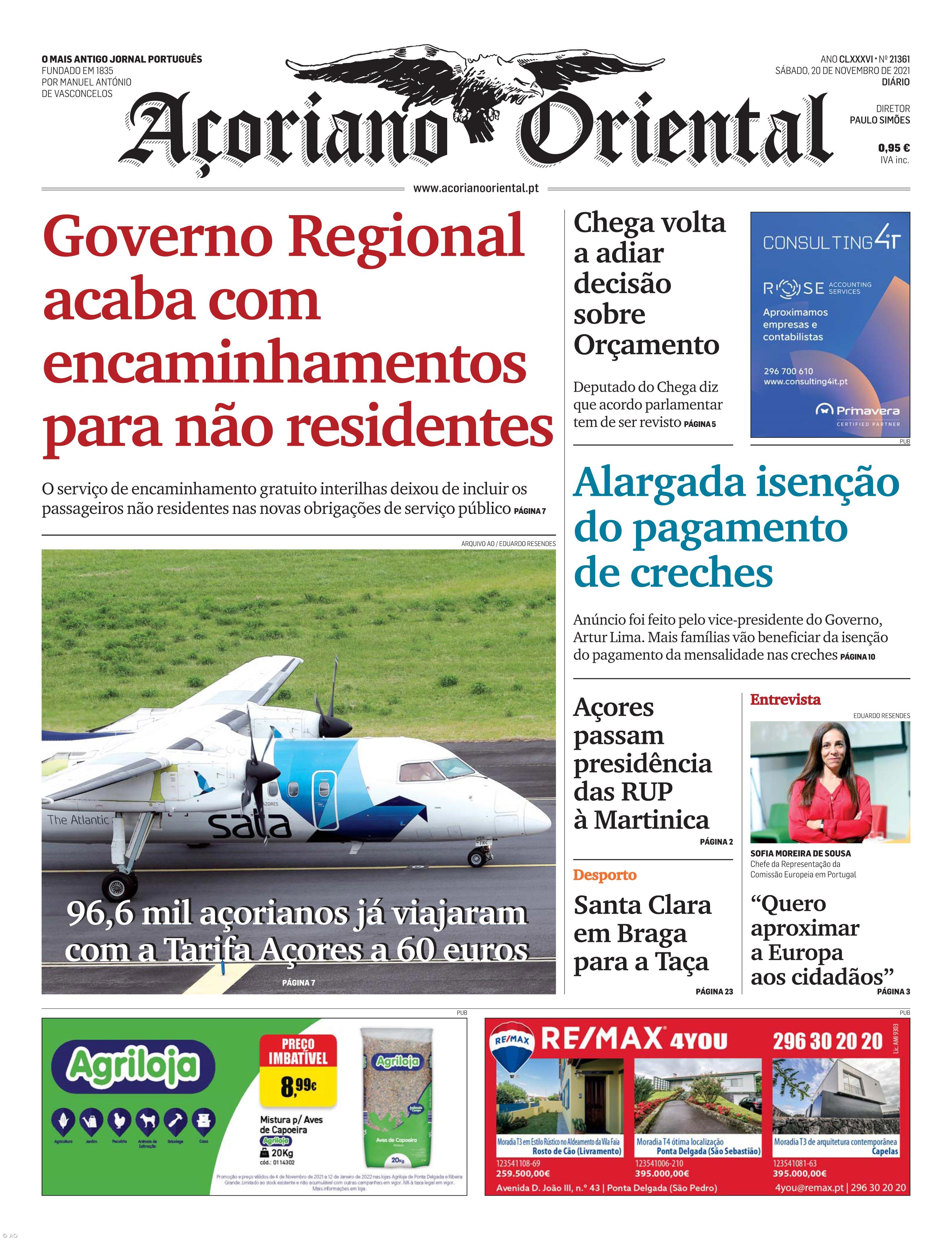 "Governo Regional acaba com encaminhamentos para não residentes" é a manchete do Açoriano Oriental – Imagem 1