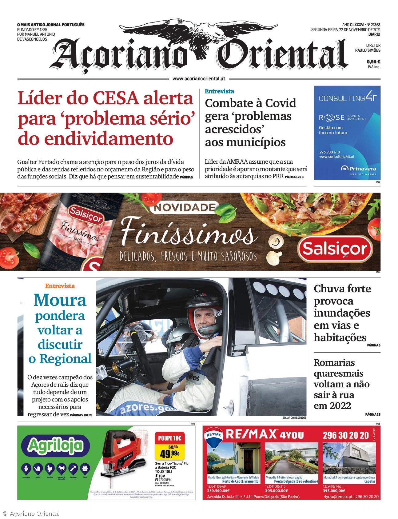 "Líder do CESA alerta para 'problema sério' do endividamento" é a manchete do Açoriano Oriental – Imagem 1