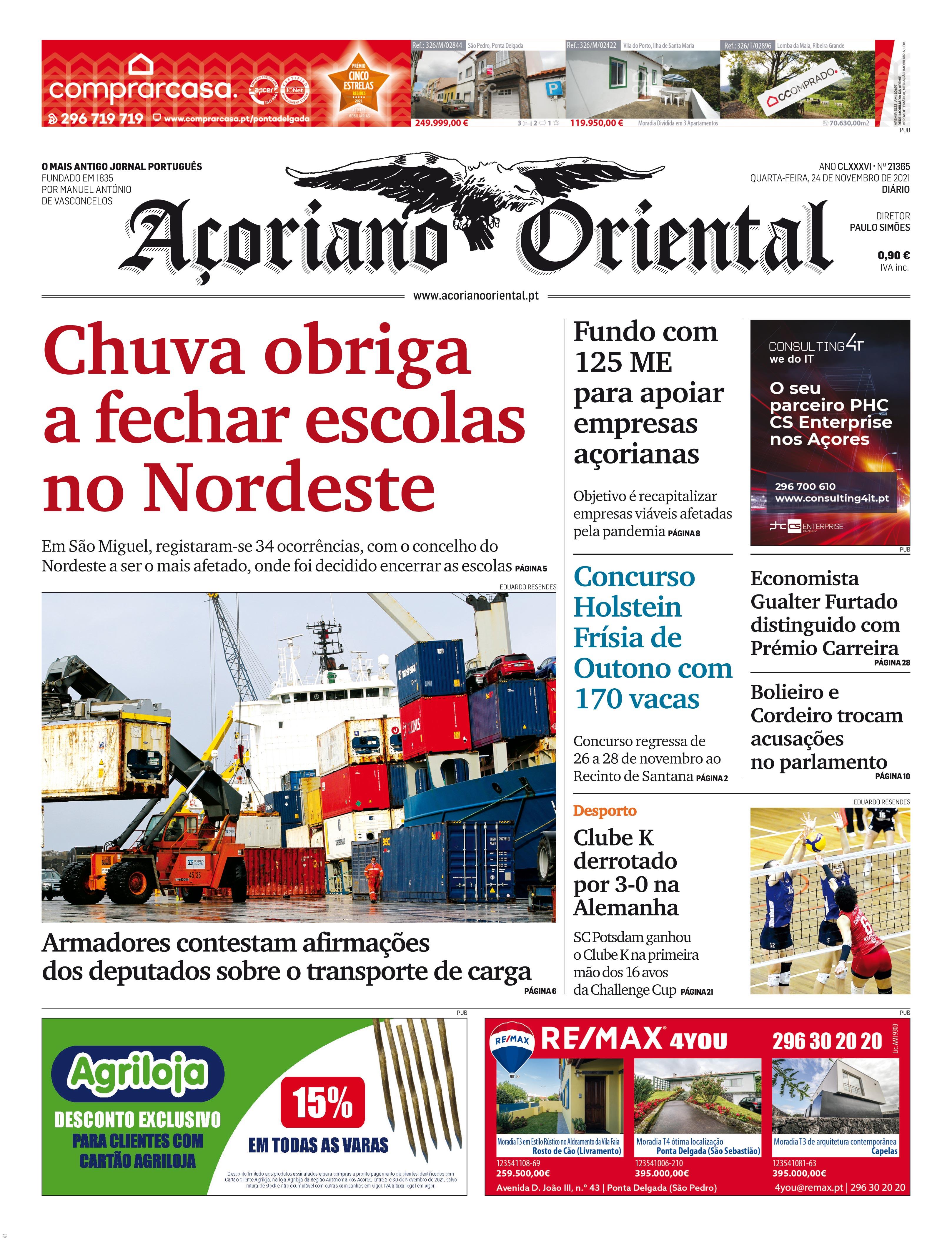 "Chuva obriga a fechar escolas no Nordeste" é a manchete de hoje do Açoriano Oriental – Imagem 1