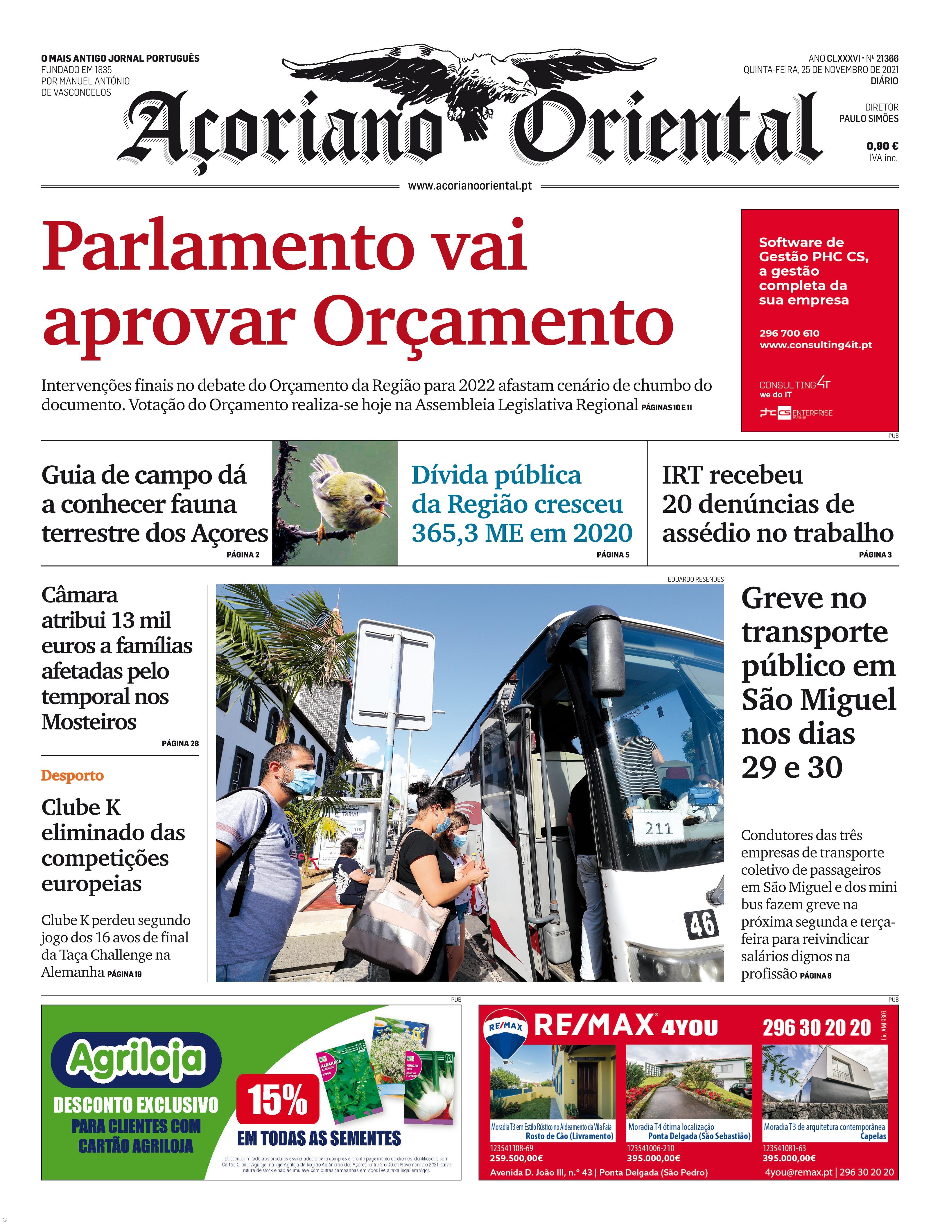 "Parlamento vai aprovar Orçamento" é a manchete do Açoriano Oriental – Imagem 1