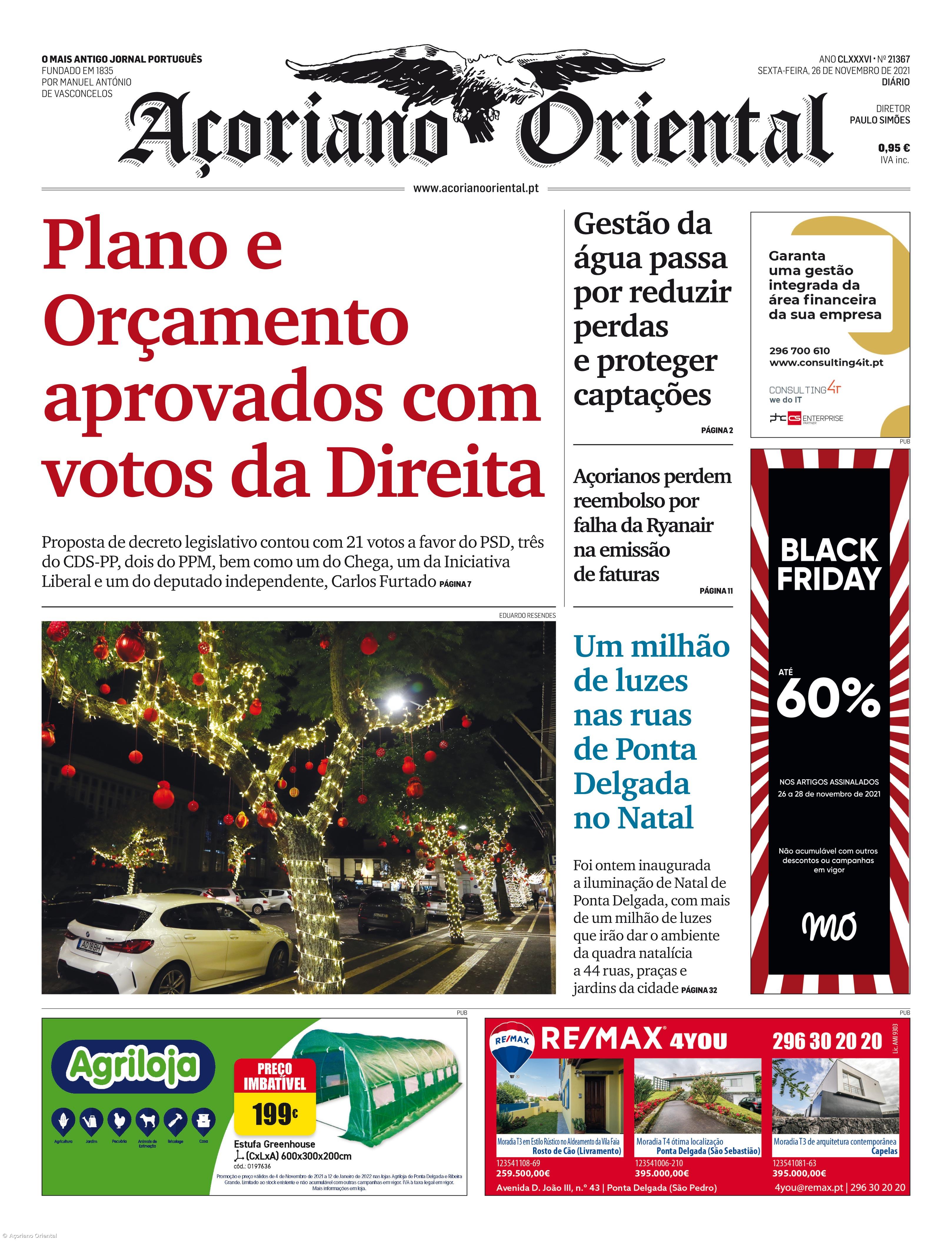 "Plano e Orçamento aprovados com votos da Direita" é a manchete do Açoriano Oriental  – Imagem 1