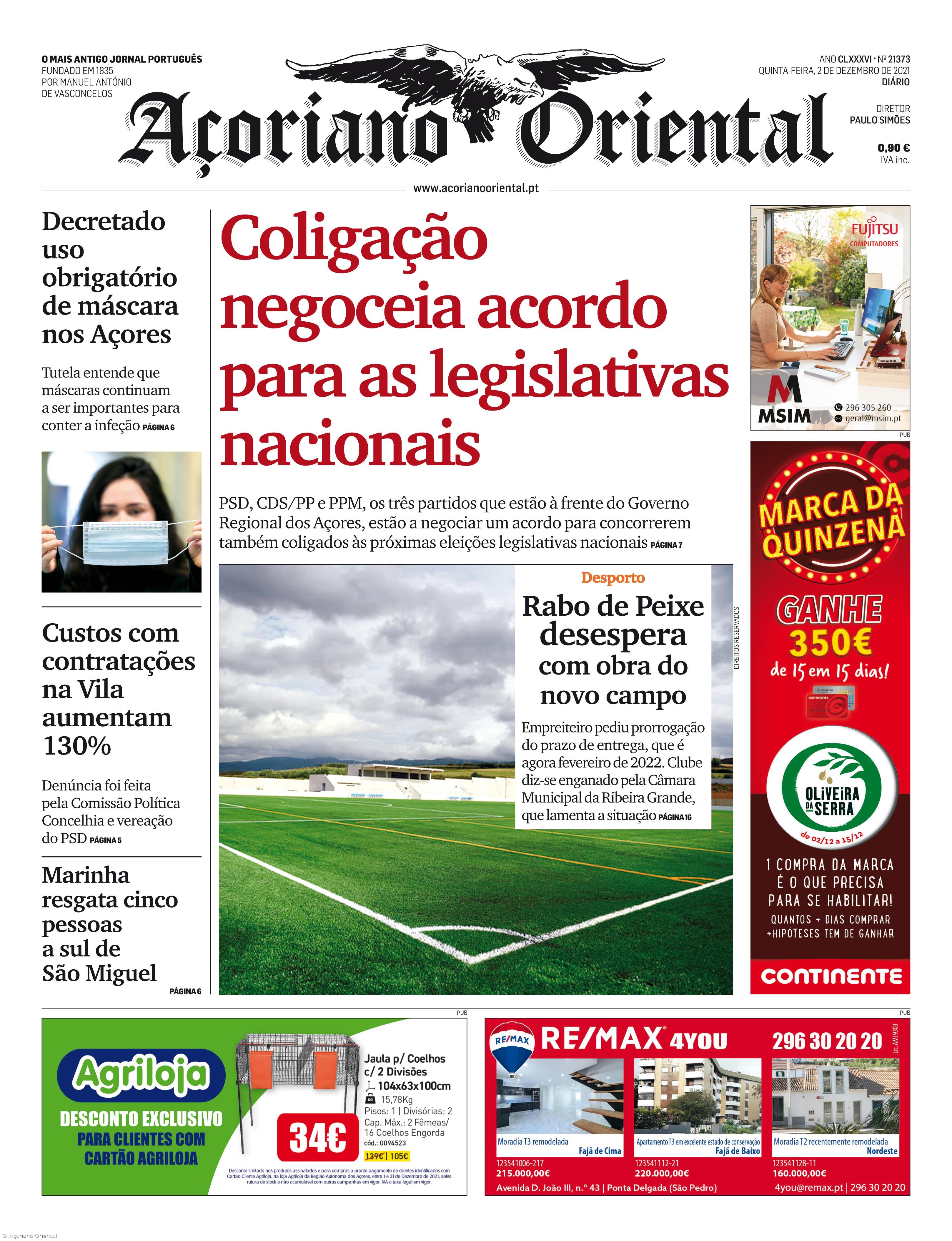 "Coligação negoceia acordo para as legislativas nacionais" é a manchete do Açoriano Oriental – Imagem 1