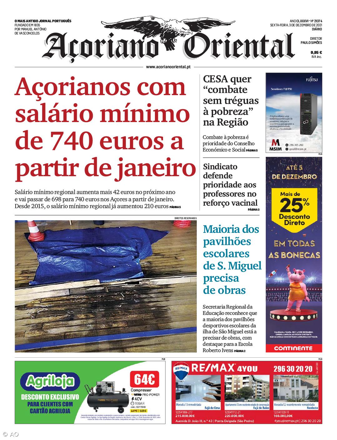 "Açorianos com salário mínimo de 740 euros a partir de janeiro" é a manchete do Açoriano Oriental – Imagem 1