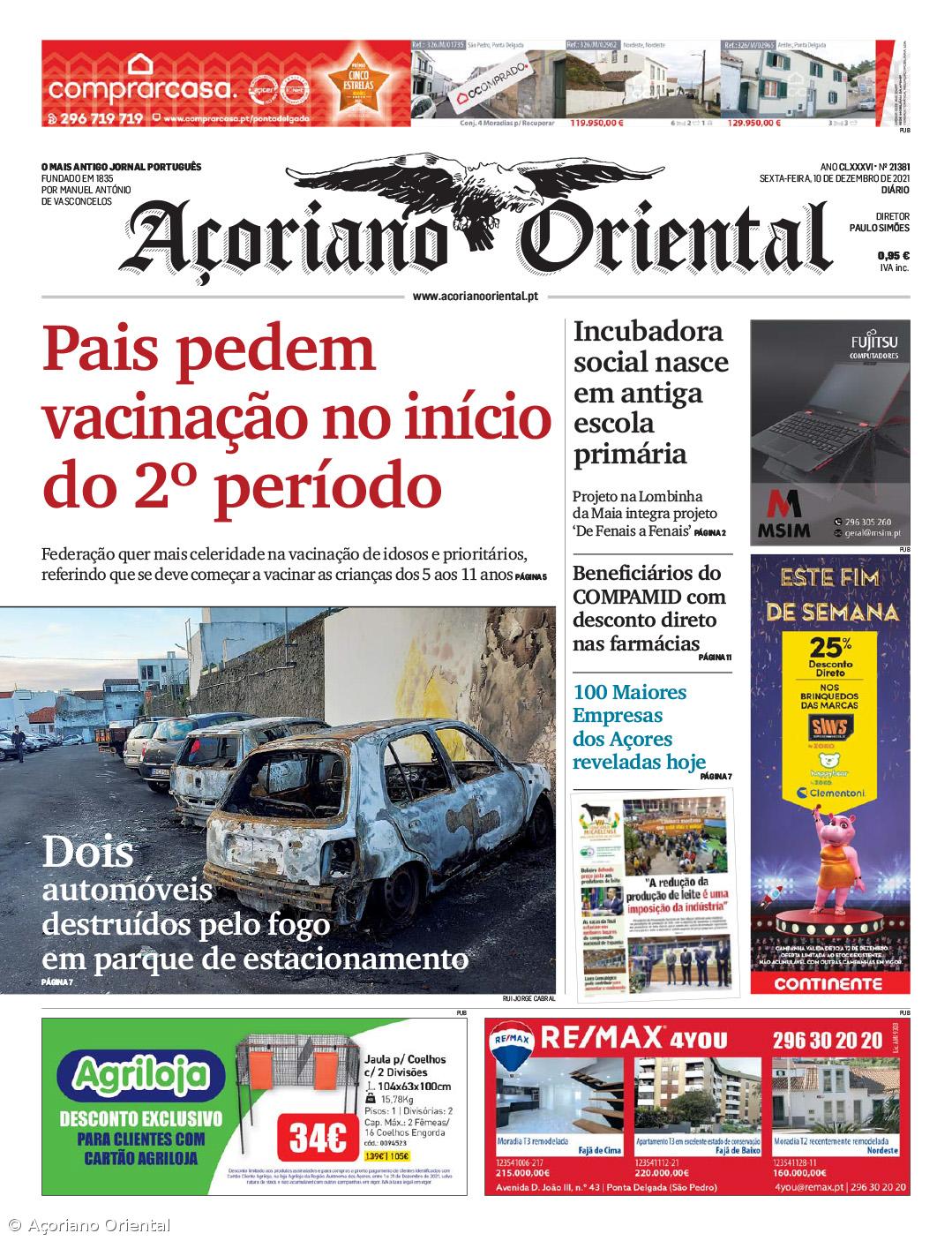 "Pais pedem vacinação no início do 2º período" é a manchete do Açoriano Oriental – Imagem 1