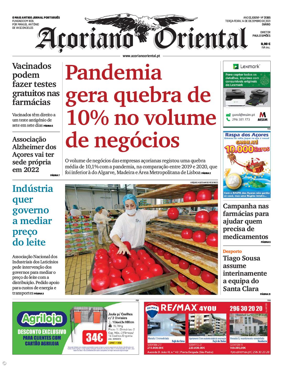 "Pandemia gera quebra de 10% no volume de negócios" é a manchete do Açoriano Oriental – Imagem 1
