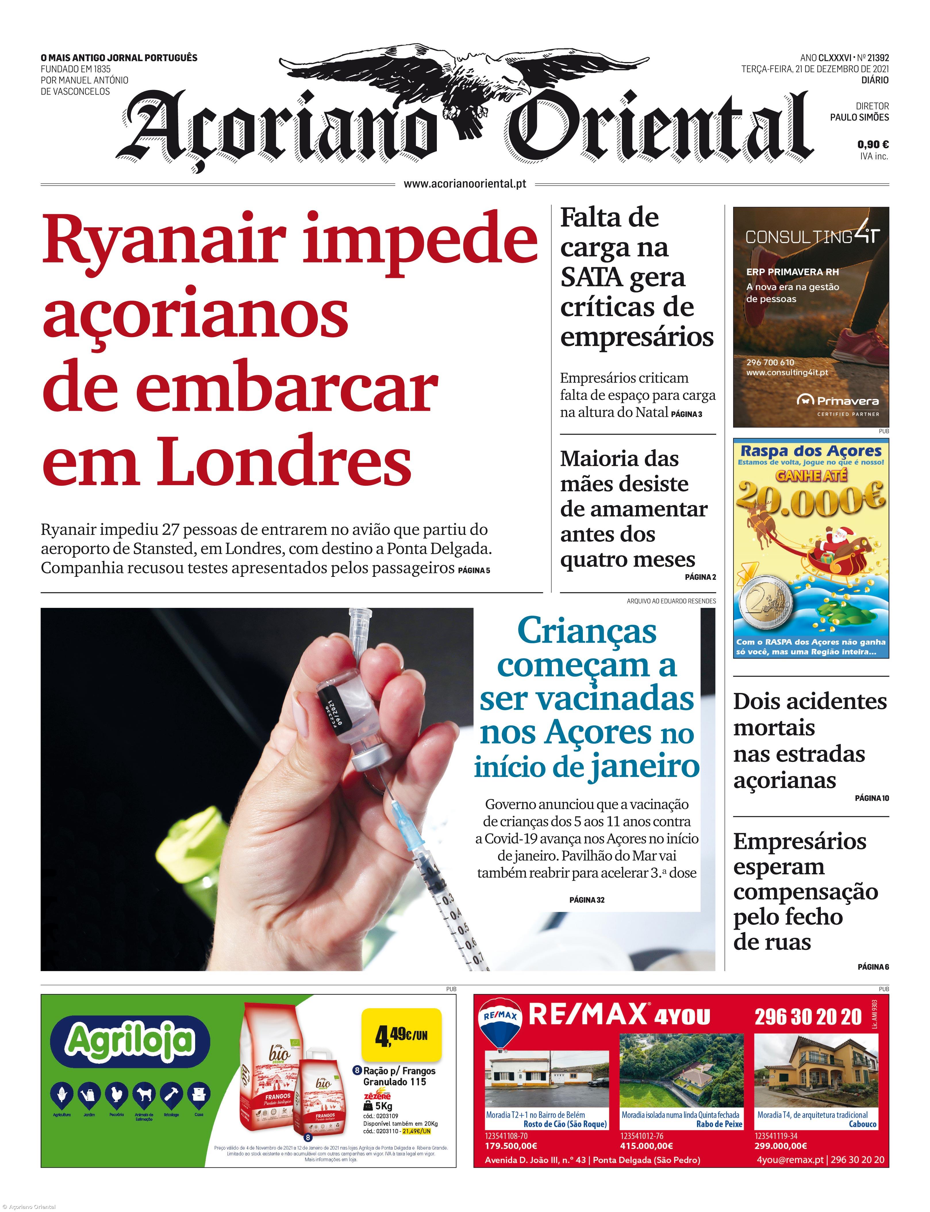 "Ryanair impede açorianos de embarcar em Londres" é a manchete do Açoriano Oriental – Imagem 1