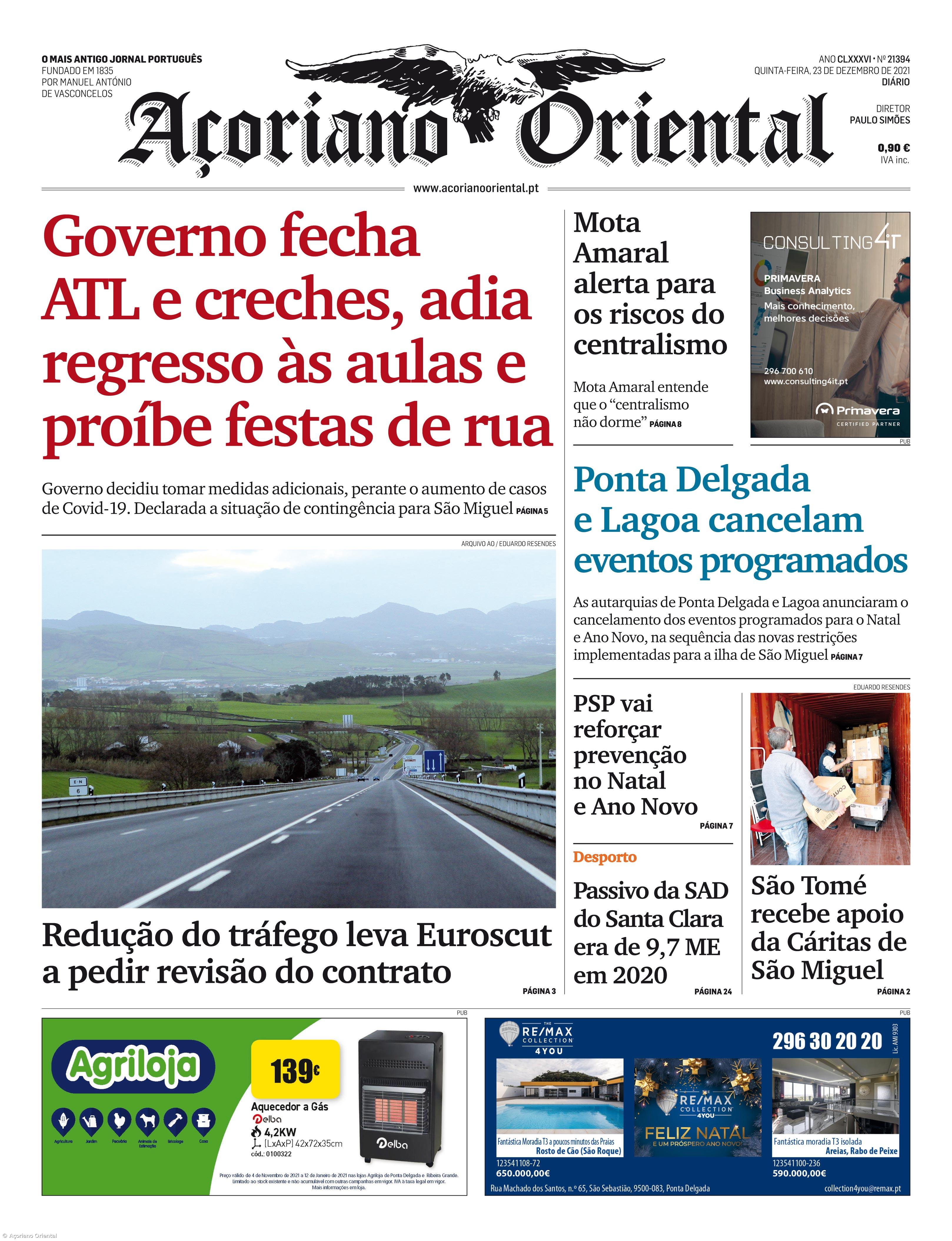 "Governo fecha ATL e creches, adia regresso às aulas e proíbe festas de rua" é a manchete do Açoriano Oriental – Imagem 1