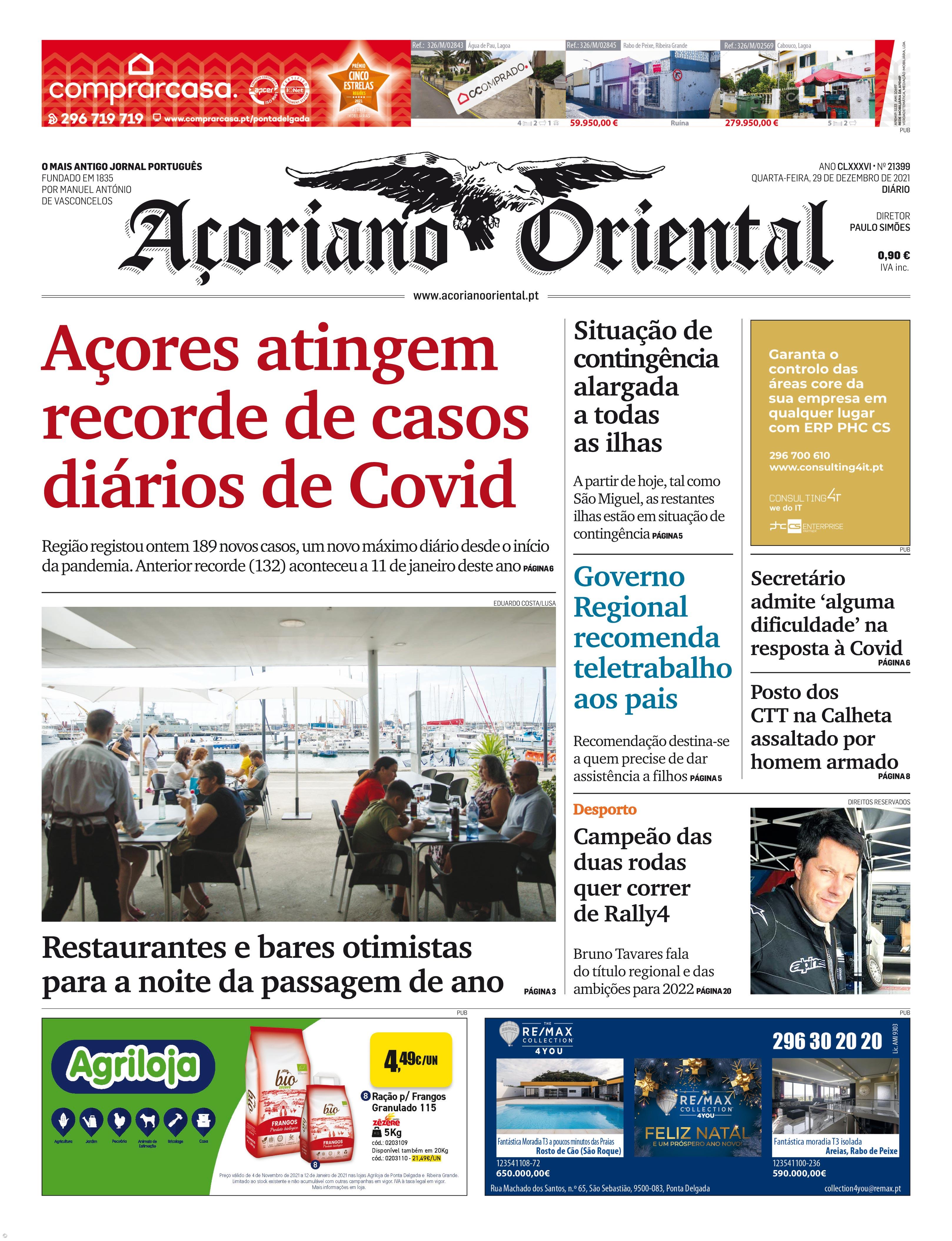 "Açores atingem recorde de casos diários de Covid" é a manchete da edição de hoje do Açoriano Oriental – Imagem 1
