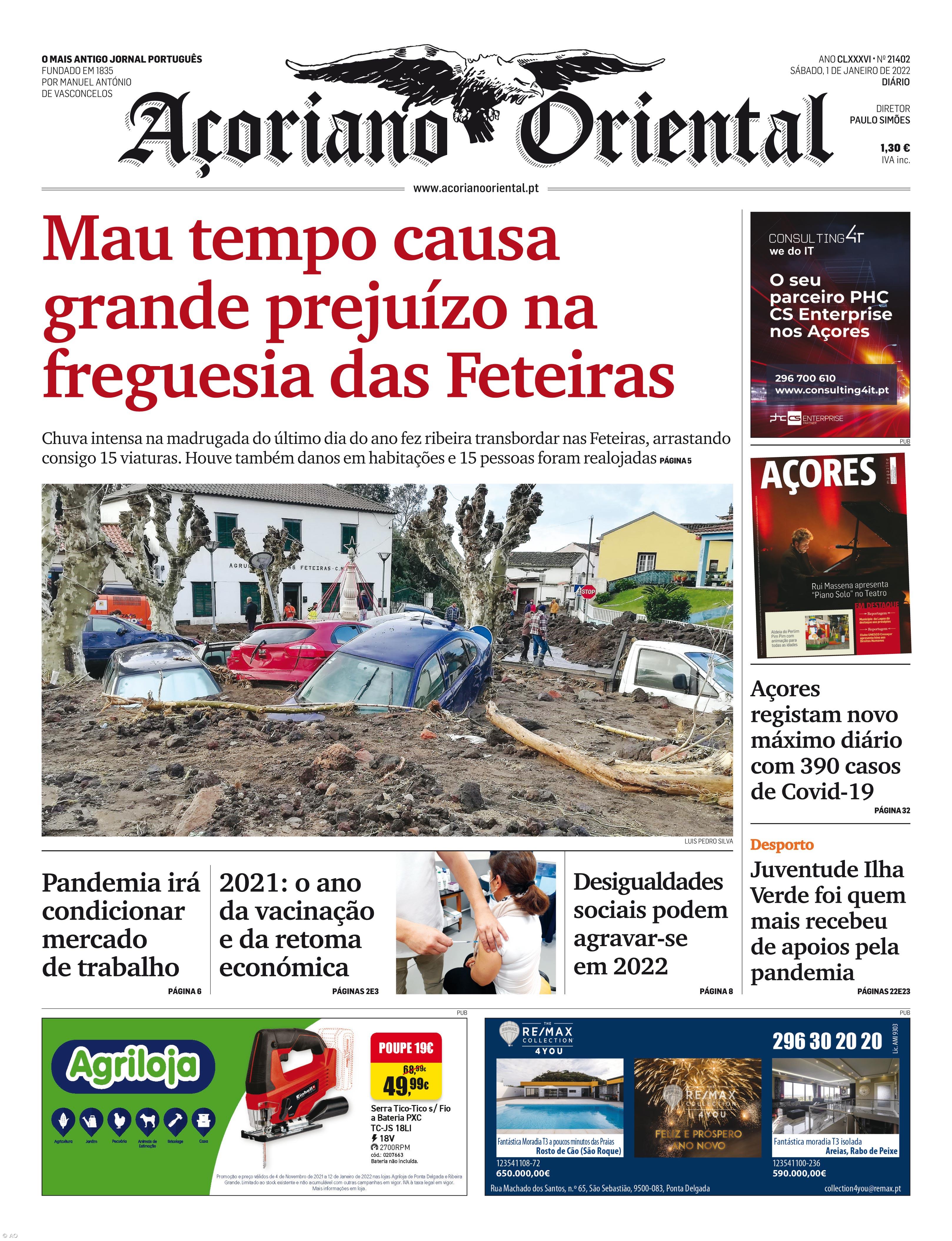 "Mau tempo causa grande prejuízo na freguesia das Feteiras" é a manchete do Açoriano Oriental – Imagem 1