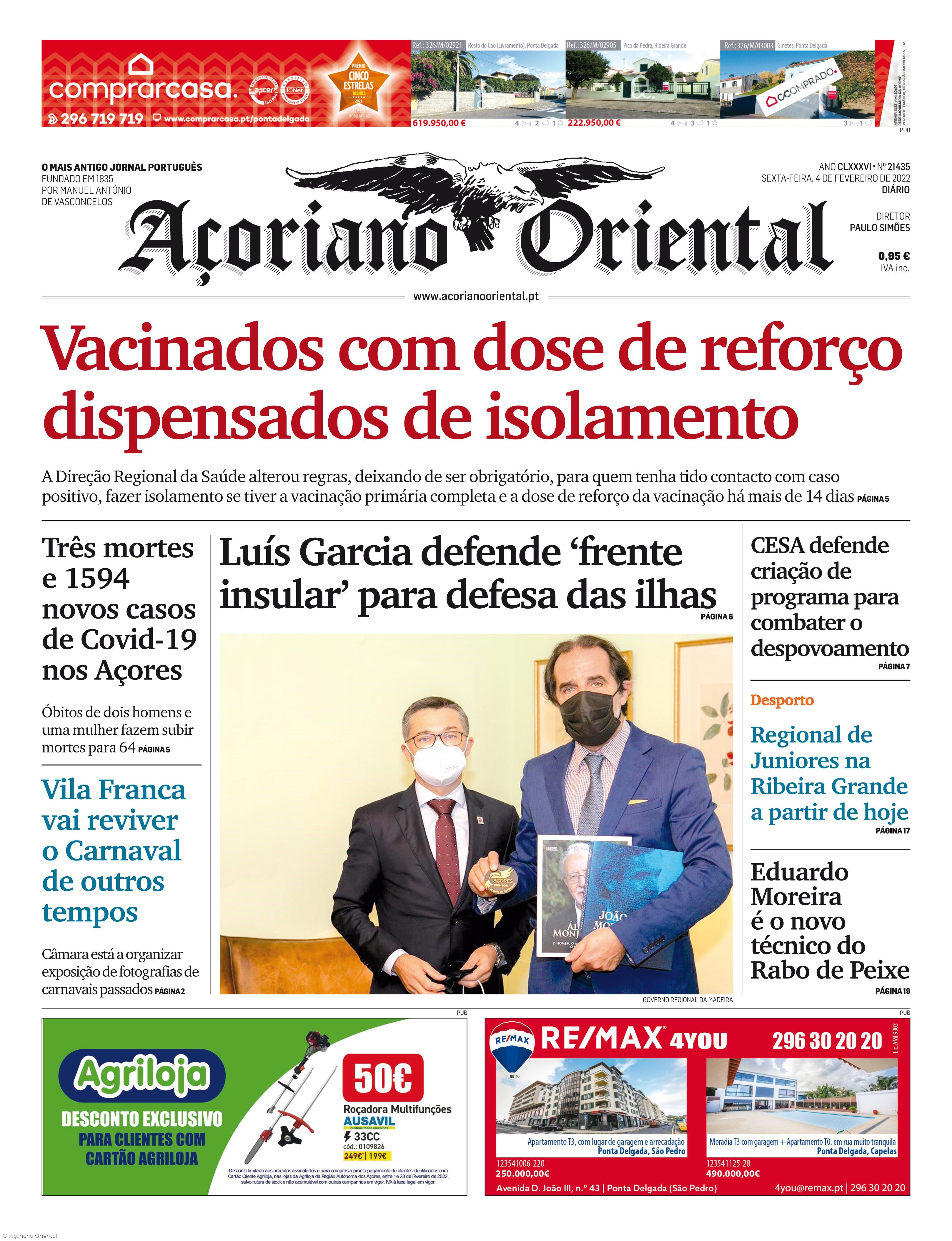 "Vacinados com dose de reforço dispensados de isolamento" é a manchete do Açoriano Oriental – Imagem 1