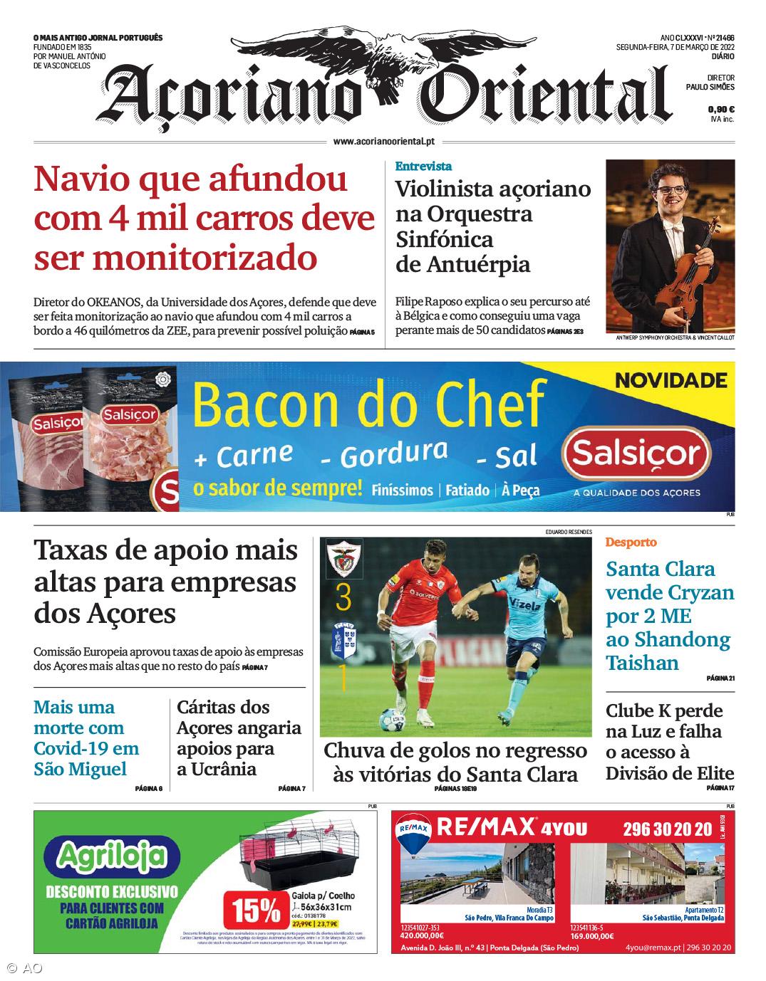 "Navio que afundou com 4 mil carros deve ser monitorizado" é a manchete do Açoriano Oriental – Imagem 1