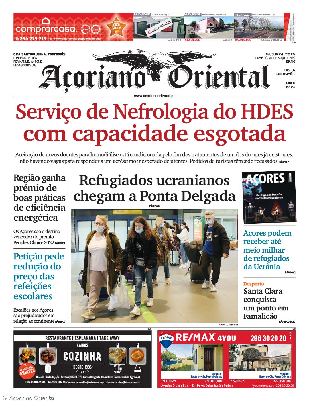 "Serviço de Nefrologia do HDES com capacidade esgotada" é a manchete do Açoriano Oriental – Imagem 1