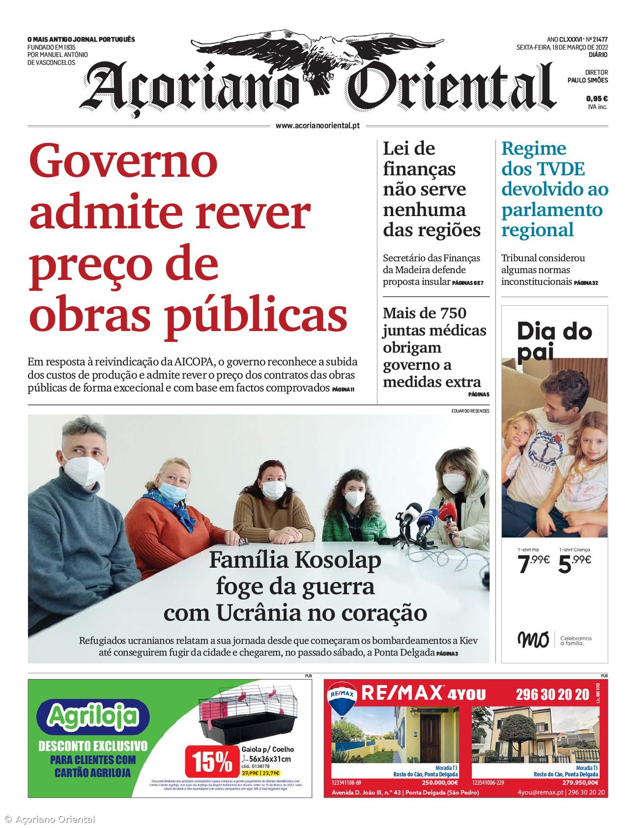 "Governo admite rever preço de obras públicas" é a manchete do Açoriano Oriental – Imagem 1