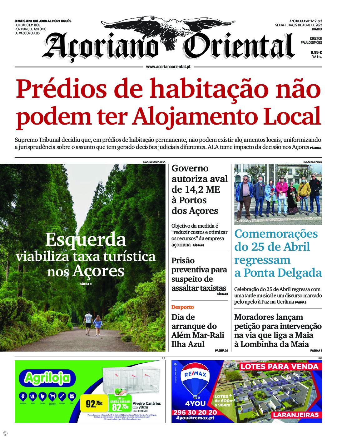 "Prédios de habitação não podem ter Alojamento Local" é a manchete do Açoriano Oriental – Imagem 1