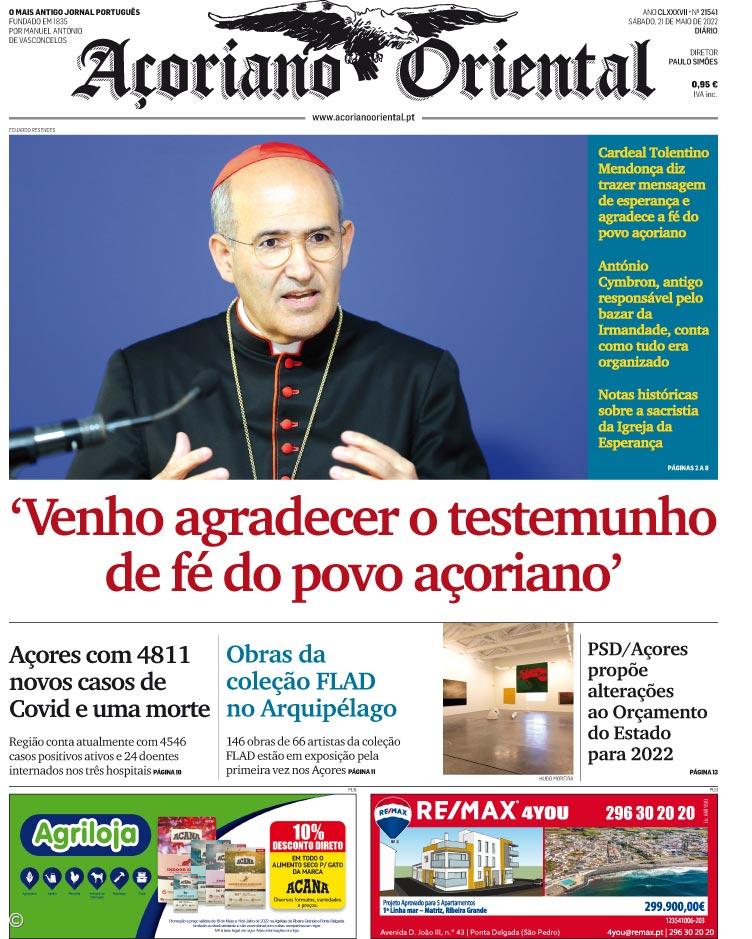 "Venho agradecer o testemunho de fé do povo açoriano" afirma o Cardeal Tolentino Mendonça é a manchete do Açoriano Oriental – Imagem 1