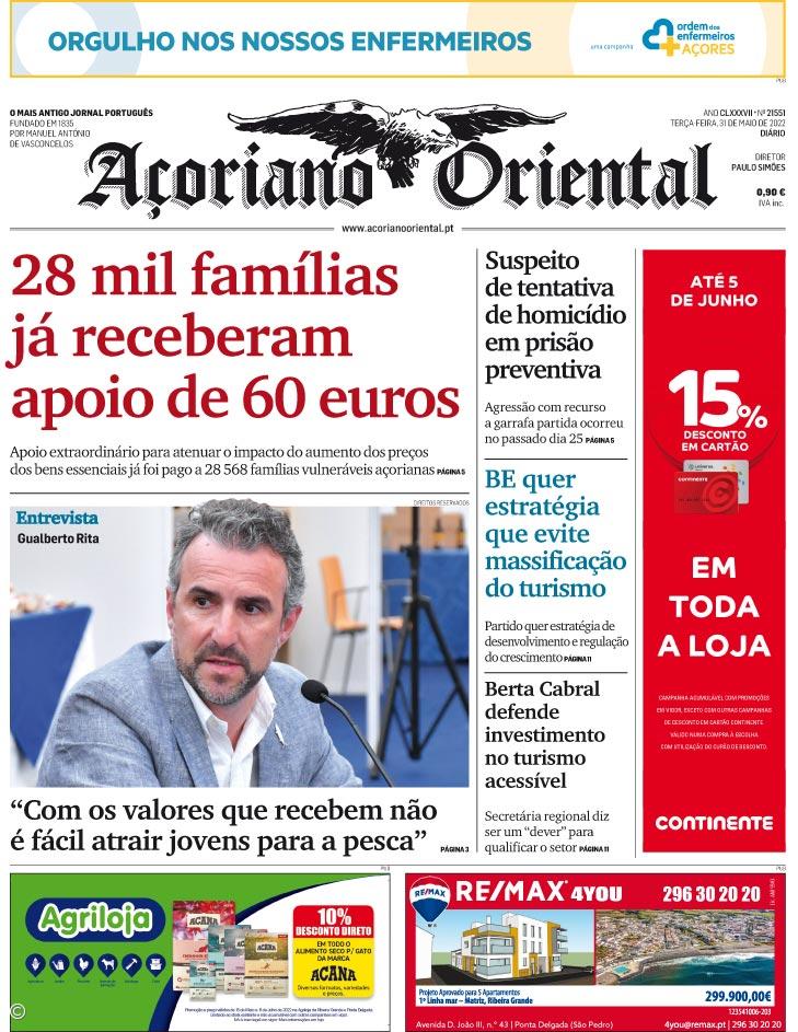 "28 mil famílias já receberam apoio de 60 euros" é a manchete do Açoriano Oriental – Imagem 1