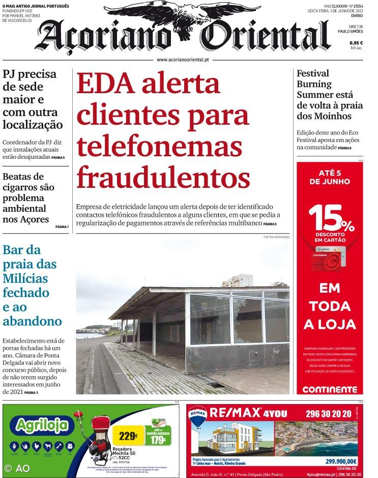 "EDA alerta clientes para telefonemas fraudulentos" é a manchete do Açoriano Oriental – Imagem 1