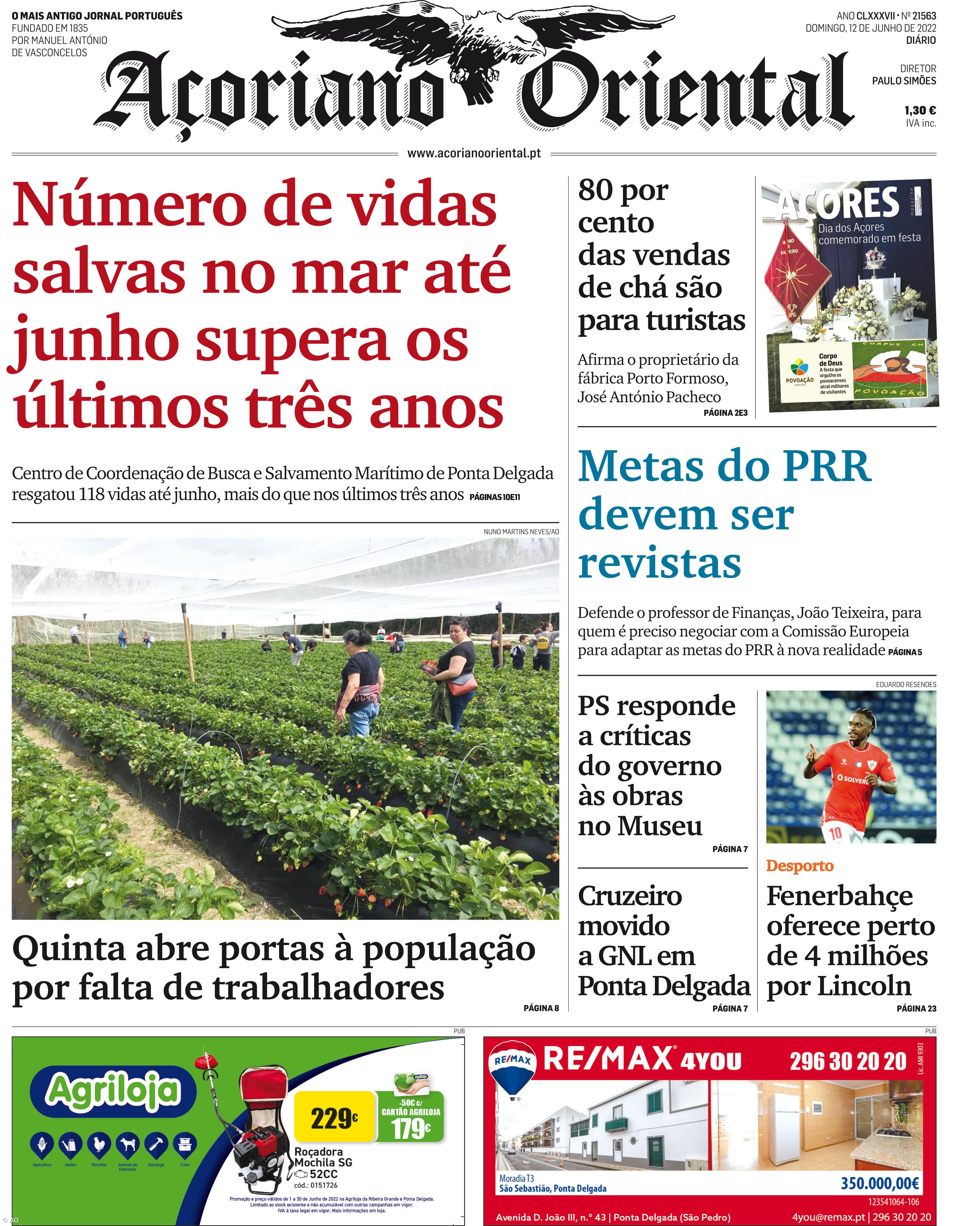 "Número de vidas salvas no mar até junho supera os últimos três anos" é a manchete do Açoriano Oriental – Imagem 1