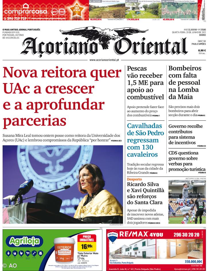 "Nova reitora quer UAc a crescer e a aprofundar parcerias" é a manchete do Açoriano Oriental – Imagem 1