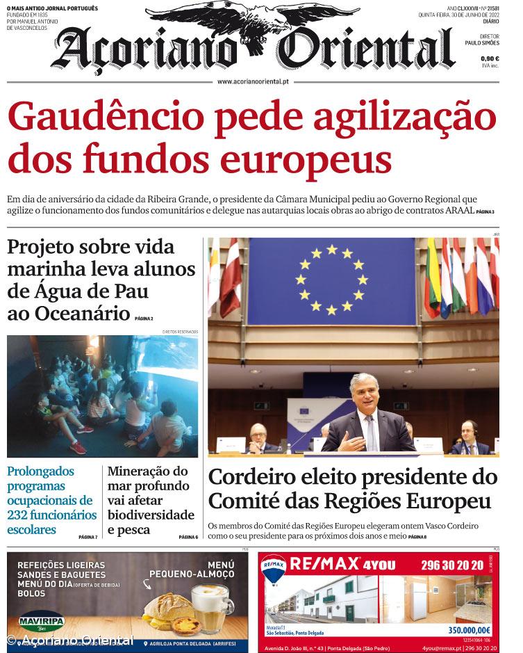 "Gaudêncio pede agilização dos fundos europeus" é a manchete do Açoriano Oriental – Imagem 1