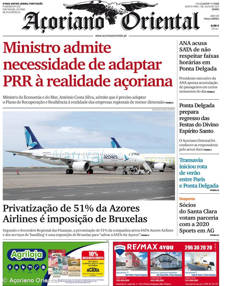 "Ministro admite necessidade de adaptar PRR à realidade açoriana" é a manchete do Açoriano Oriental – Imagem 1