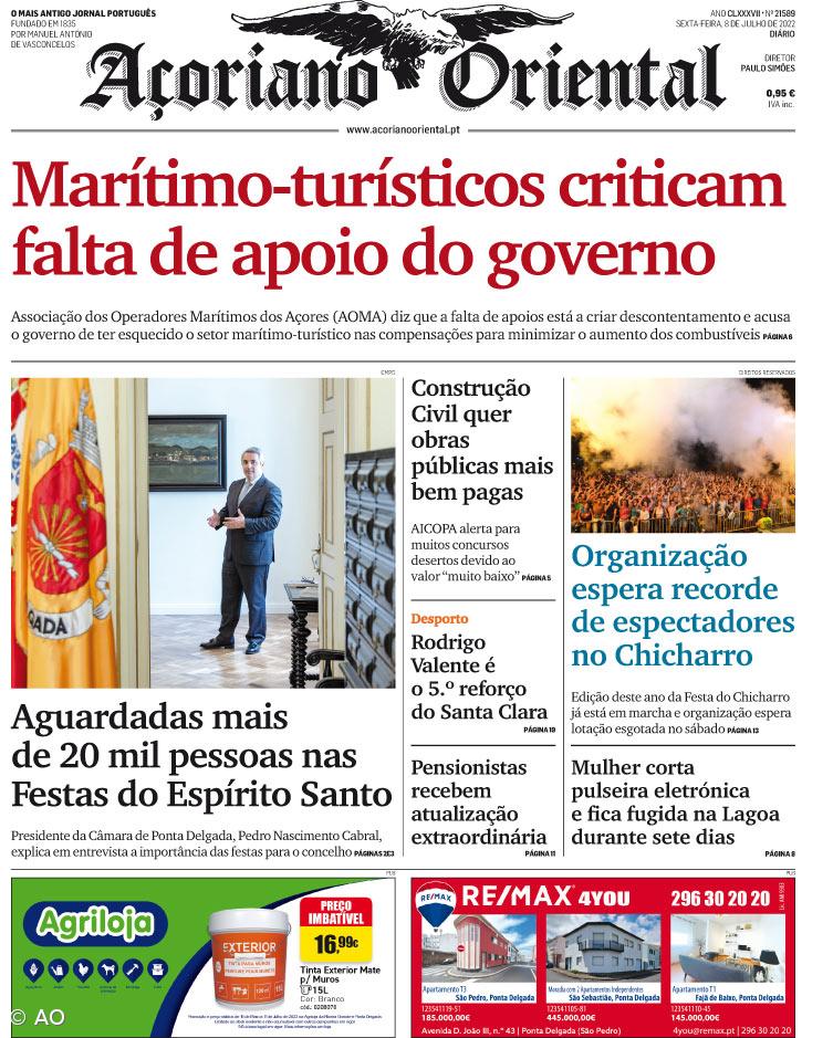 "Marítimo-turísticos criticam falta de apoio do governo" é a manchete do Açoriano Oriental – Imagem 1